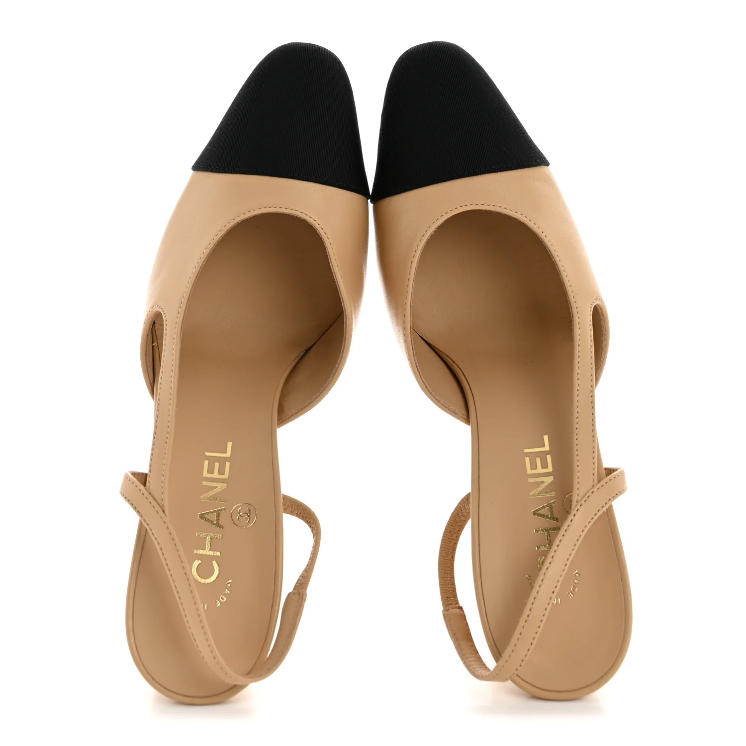 Goatskin Grosgrain Cap Toe CC Slingback Pumps 38.5 Beige Black - Image 2