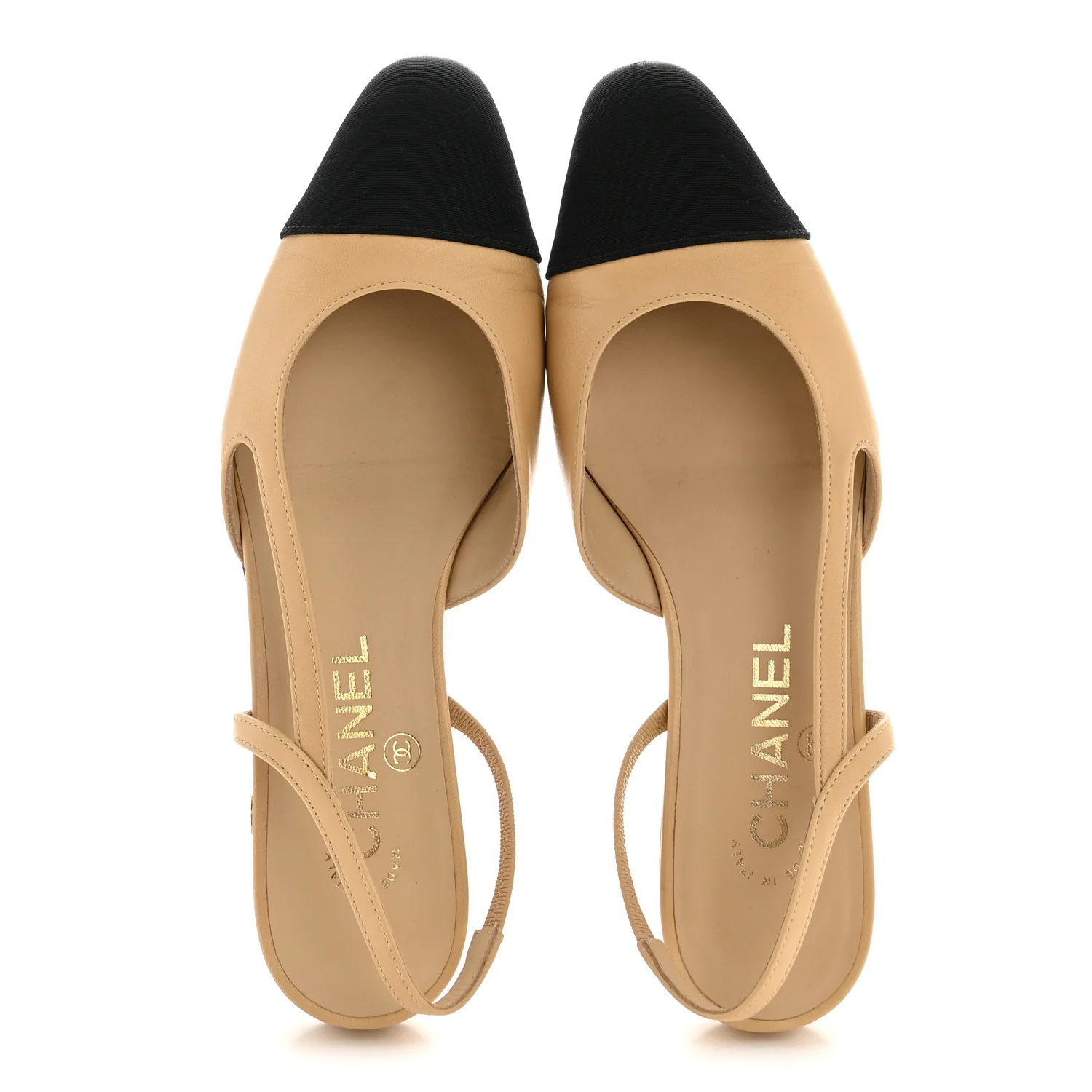 Goatskin Grosgrain Cap Toe CC Slingback Sandals 36.5 Beige Black - Image 2