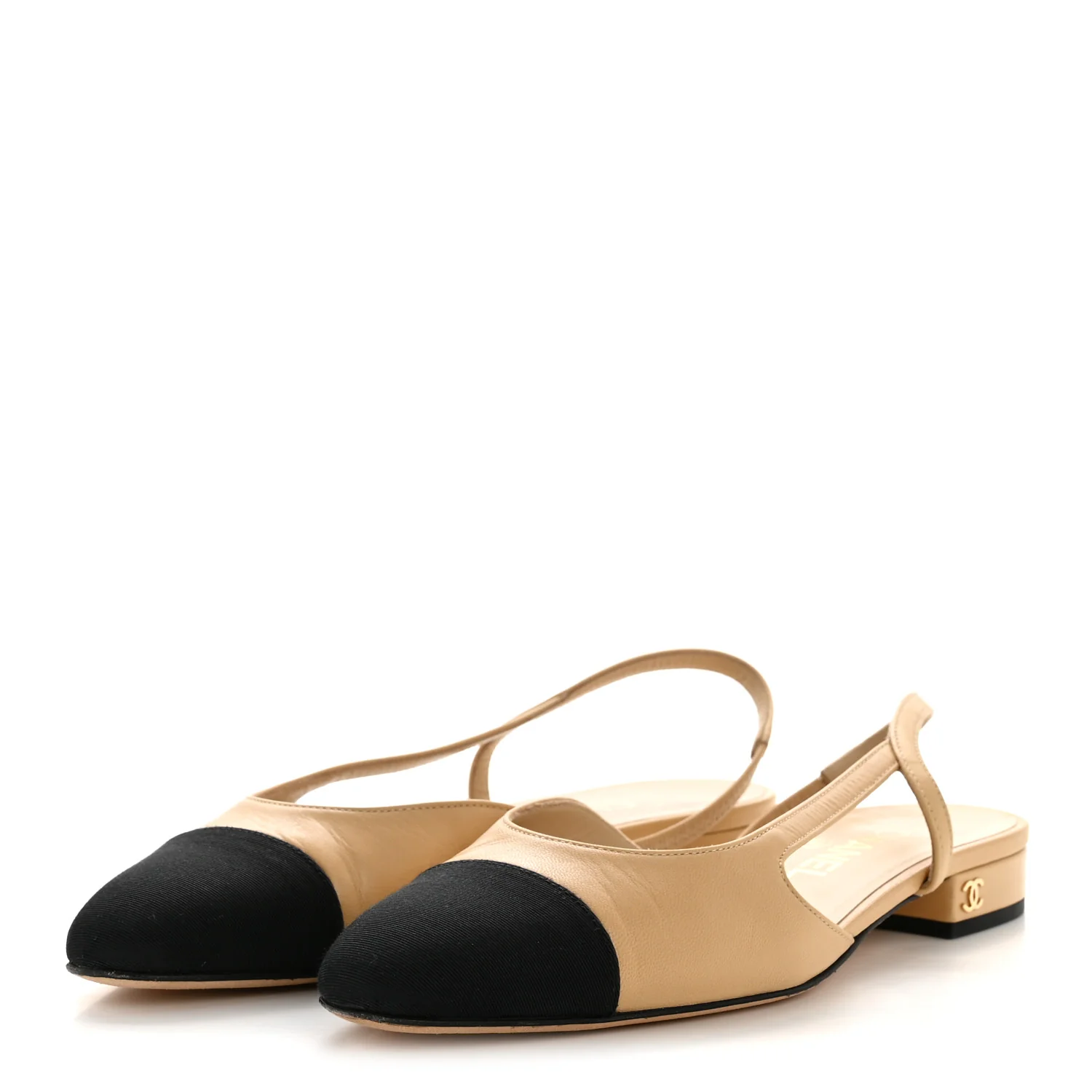 Goatskin Grosgrain Cap Toe CC Slingback Sandals 36.5 Beige Black - Image 4