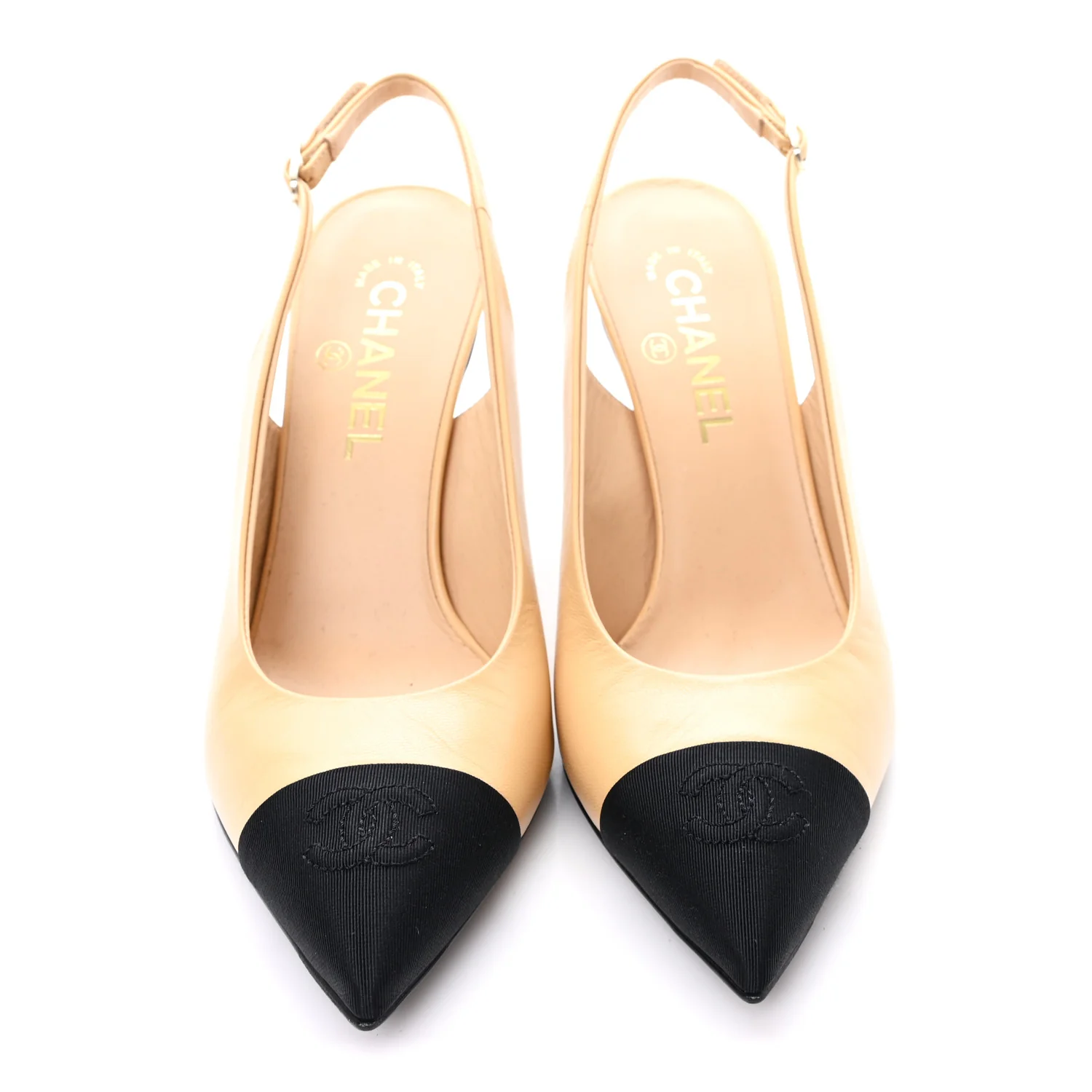 Goatskin Grosgrain Pointed Cap Toe CC Slingback Pumps 39 Beige Black - Image 3