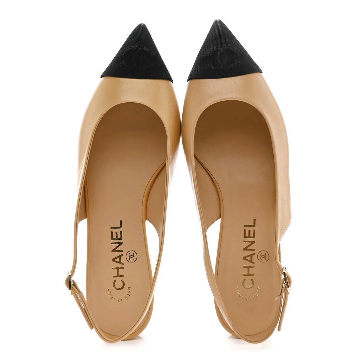 Goatskin Grosgrain Pointed Toe CC Slingback Flats 37 Beige Black - Image 2