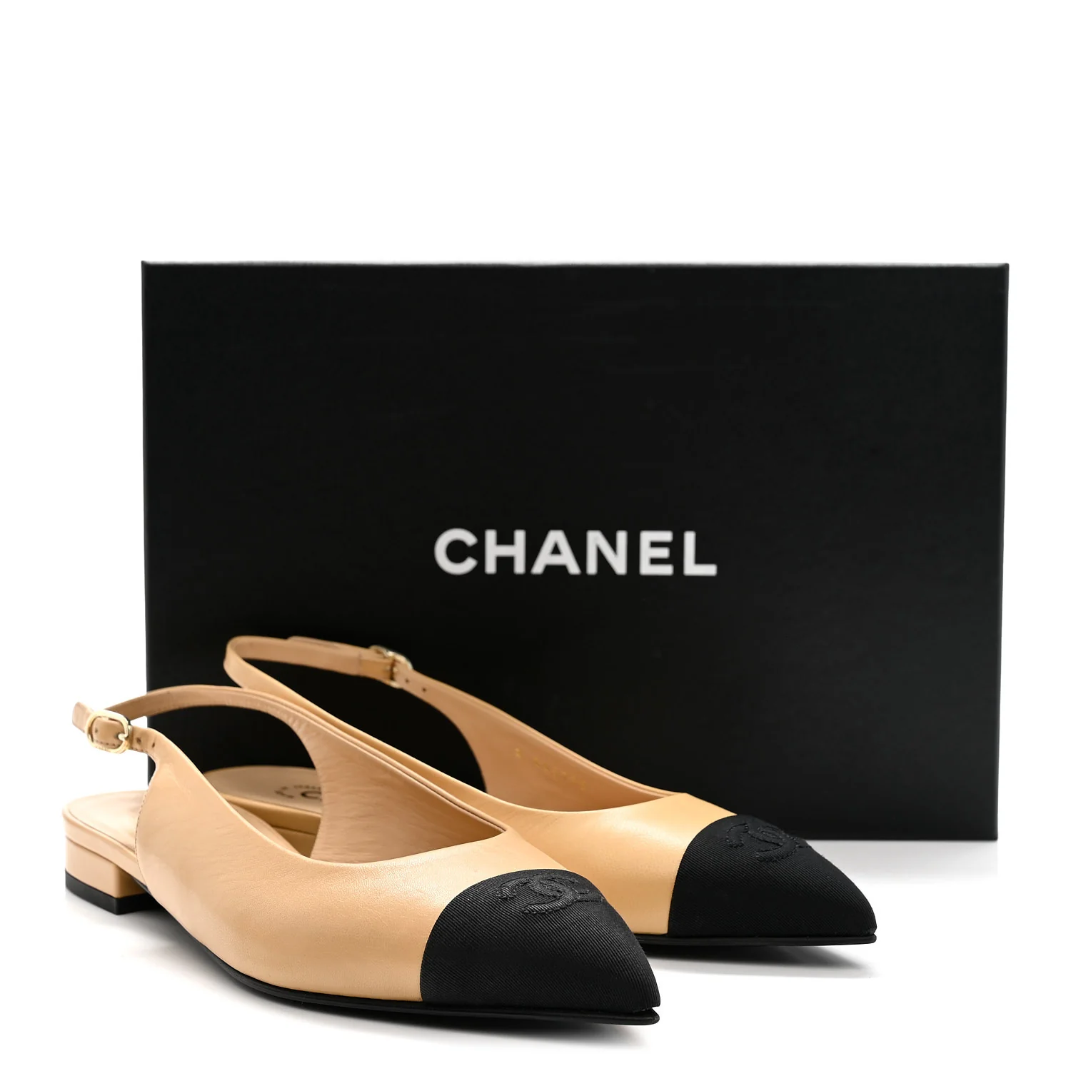 Goatskin Grosgrain Pointed Toe CC Slingback Flats 37 Beige Black - Image 9