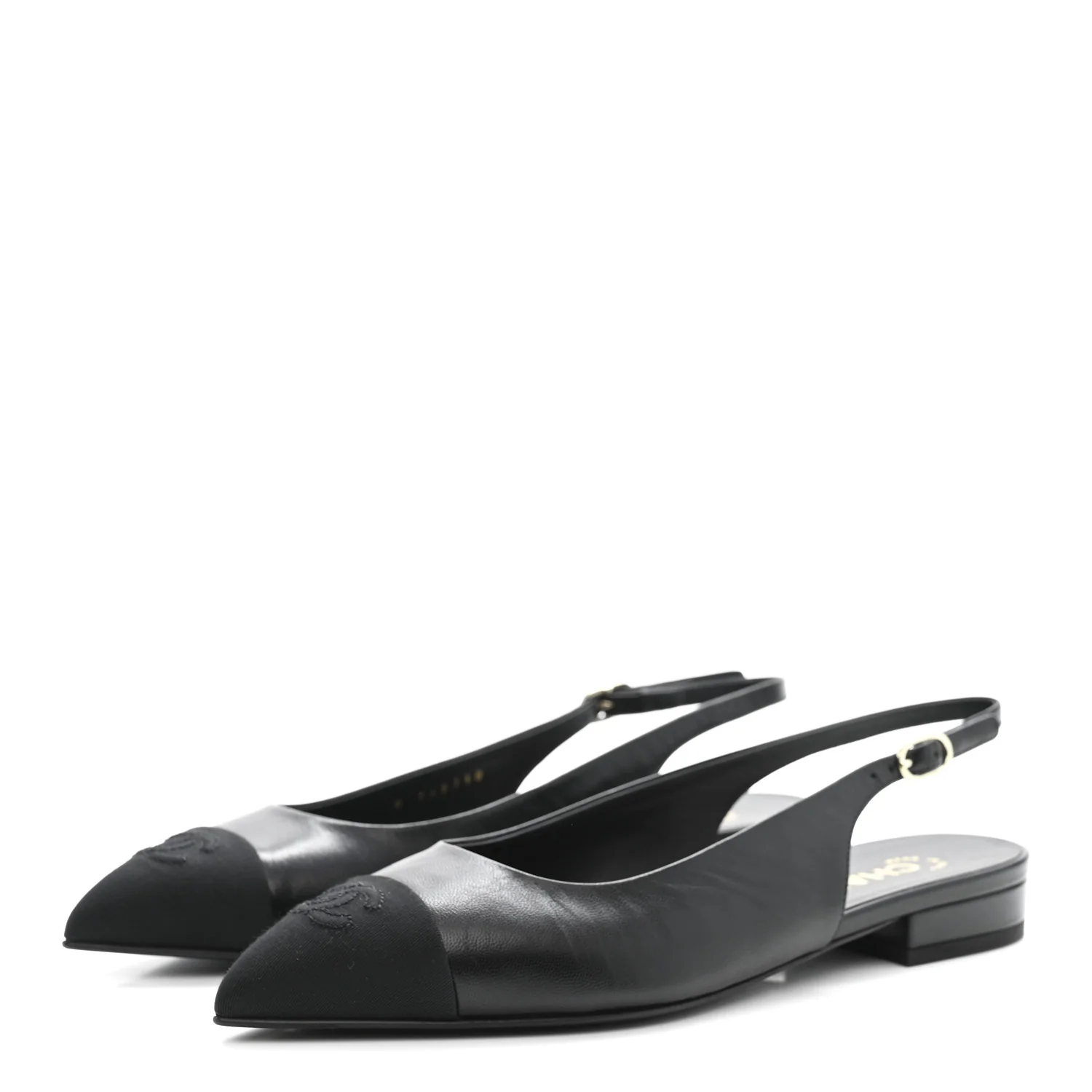 Goatskin Grosgrain Pointed Toe CC Slingback Flats 37 Black - Image 4