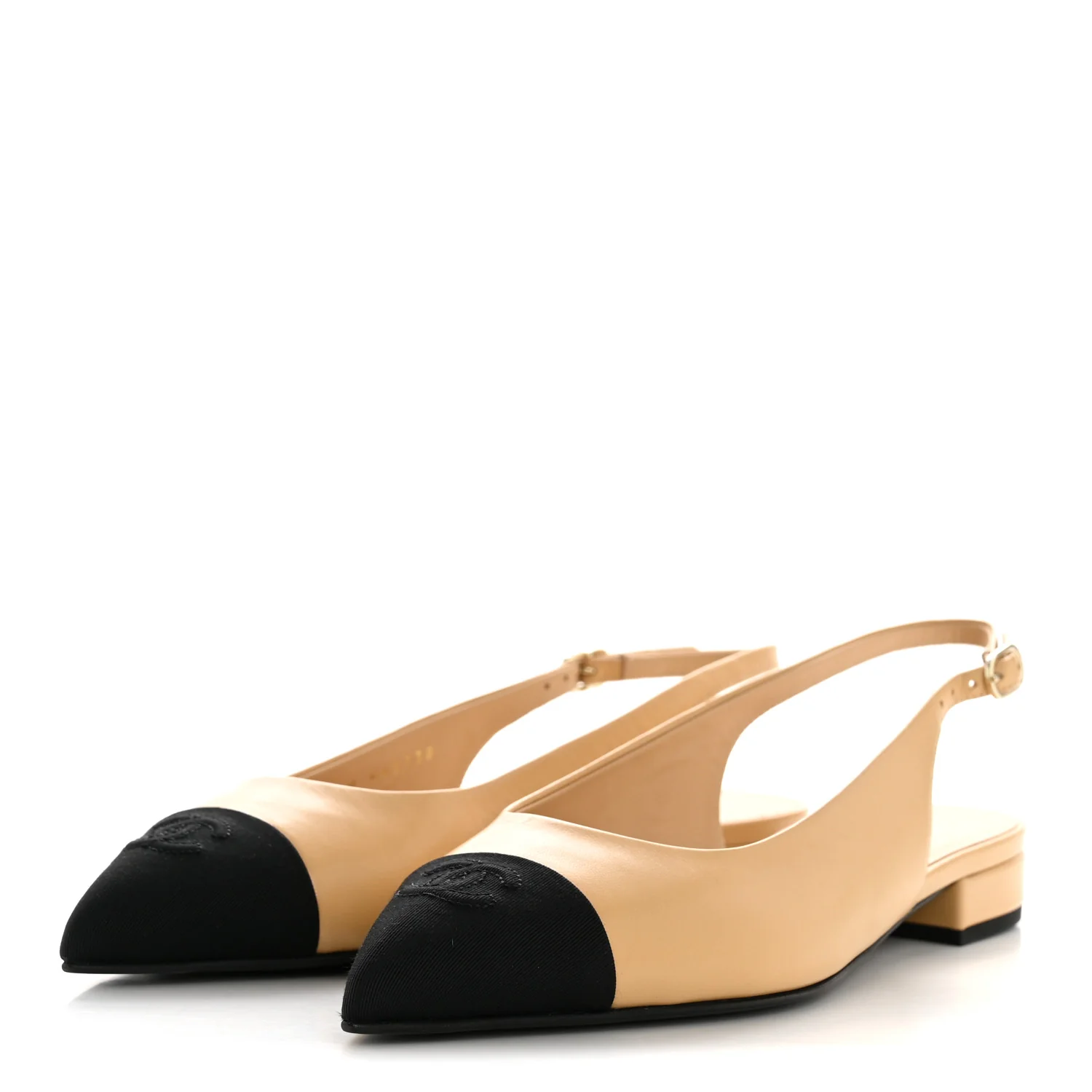 Goatskin Grosgrain Pointed Toe CC Slingback Flats 37.5 Beige Black - Image 4
