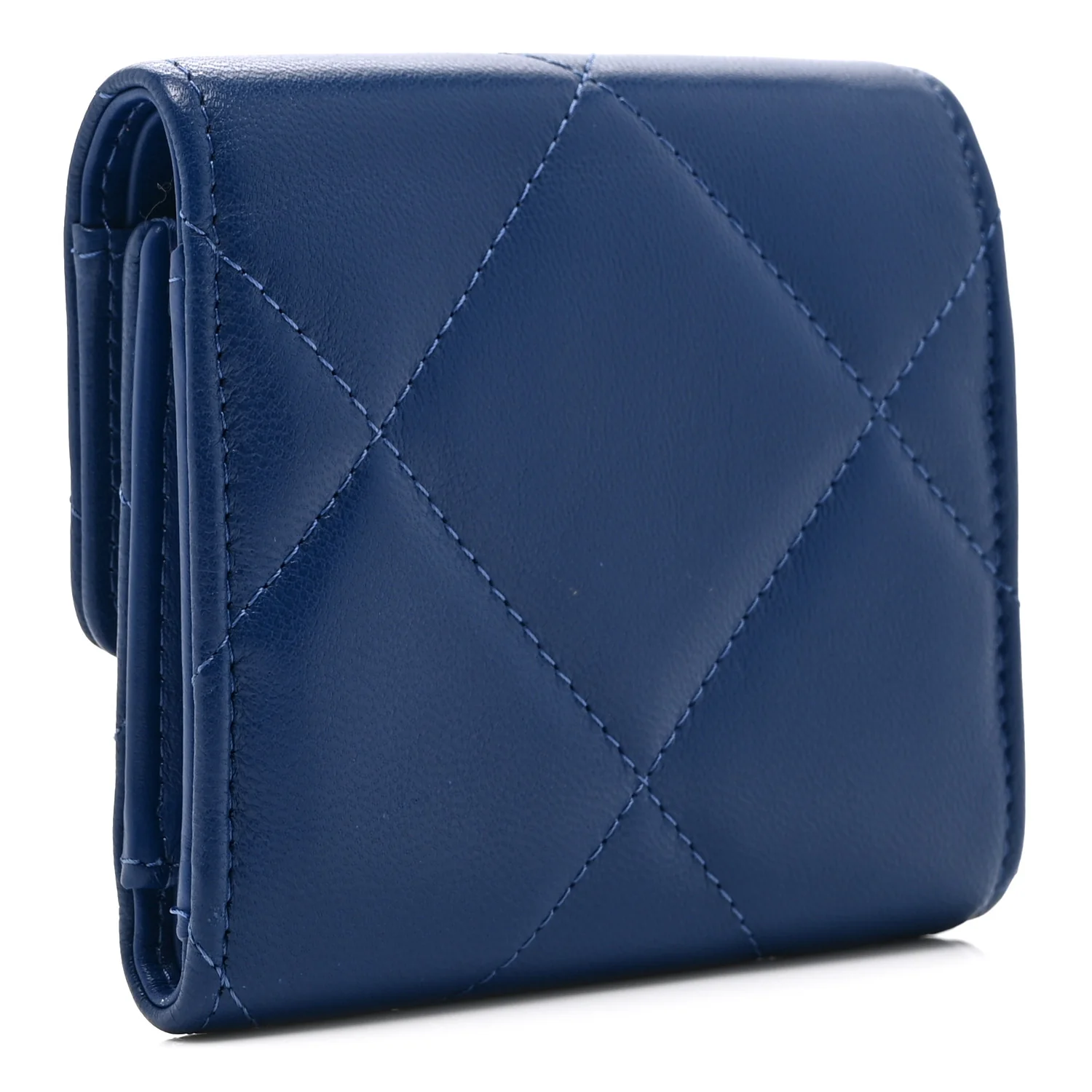 Goatskin Quilted Chanel 19 Small Flap Wallet  Blue - Image 3