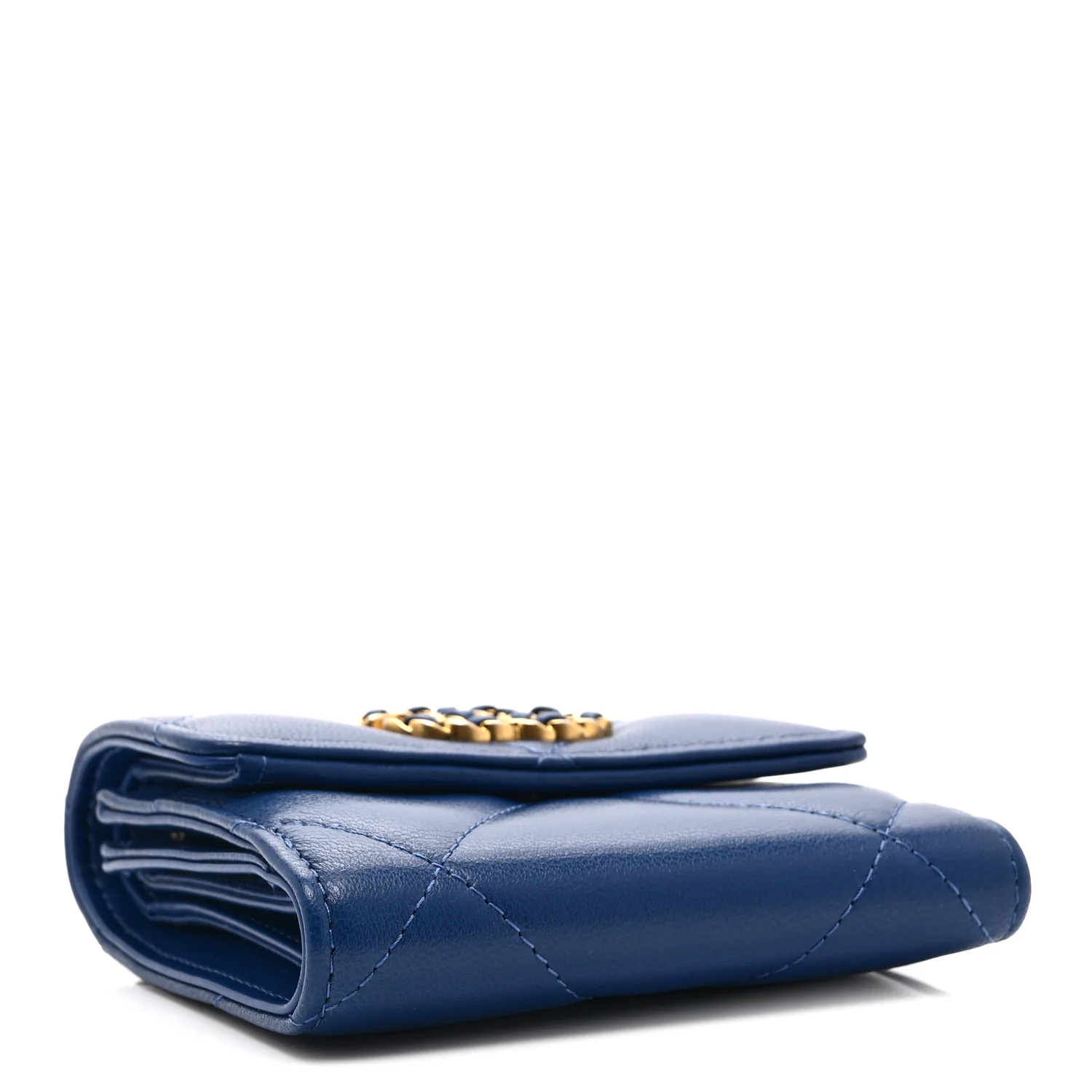 Goatskin Quilted Chanel 19 Small Flap Wallet  Blue - Image 4