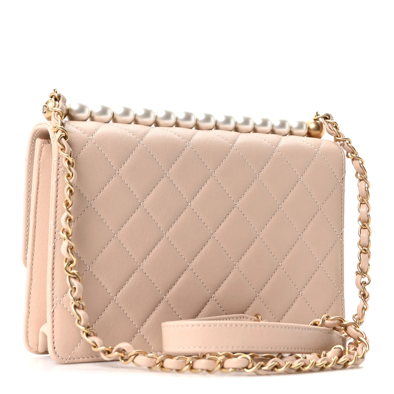 Goatskin Quilted Small Chic Pearls Flap Beige - Image 5