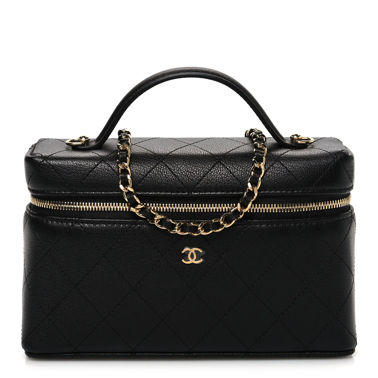 Goatskin Quilted Top Handle Slim Vanity With Chain Black