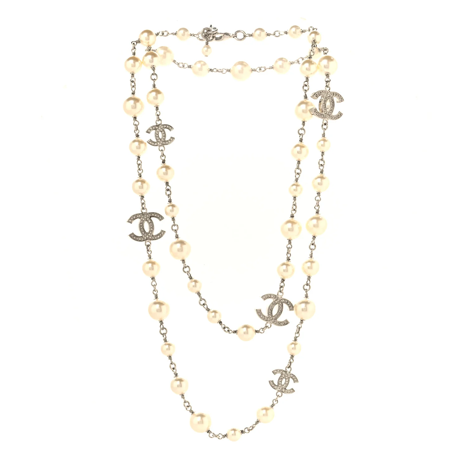 Graduated Pearl Crystal CC Long Necklace Silver - Image 3