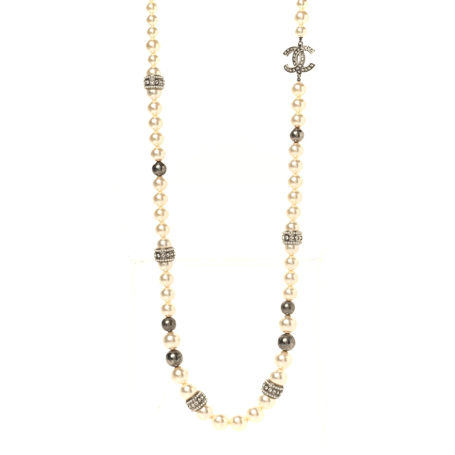Graduated Pearl Crystal CC Long Necklace Silver