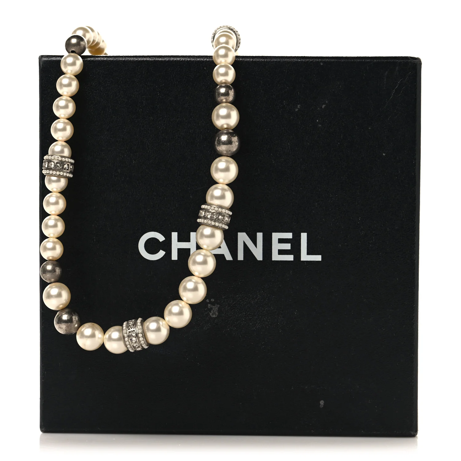 Graduated Pearl Crystal CC Long Necklace Silver - Image 5