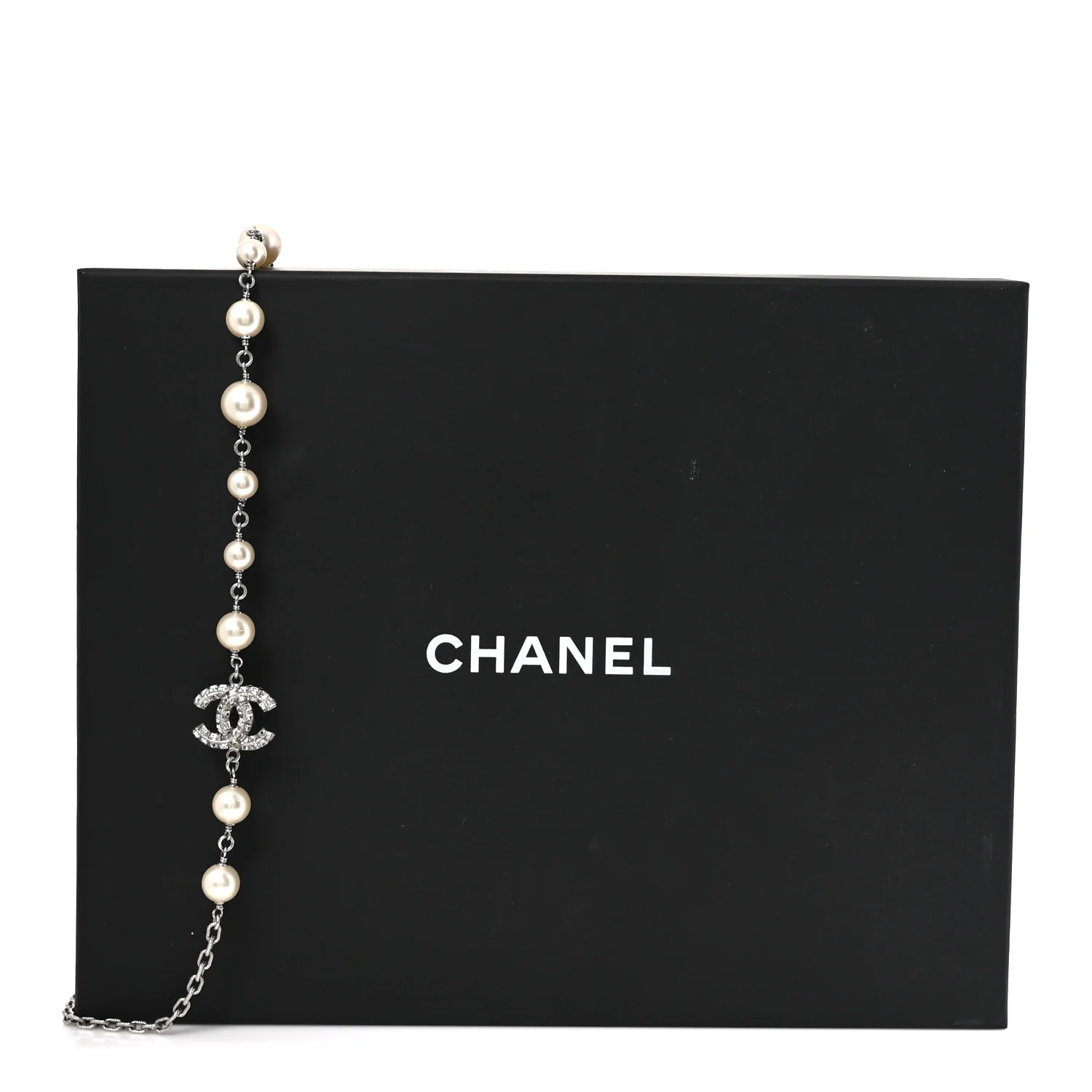 Graduated Pearl Crystal CC Long Necklace Silver - Image 5