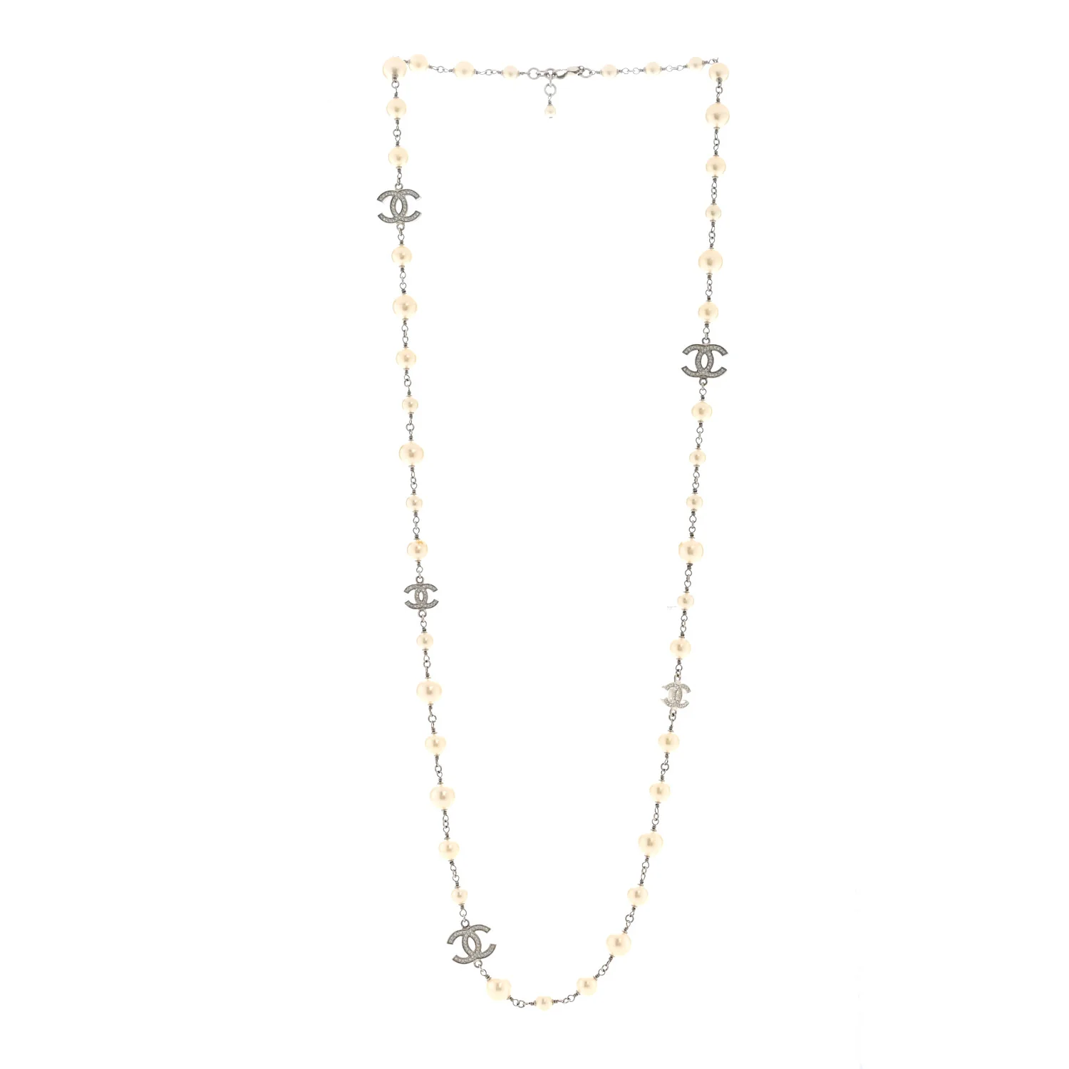 Graduated Pearl Crystal CC Long Necklace Silver - Image 3