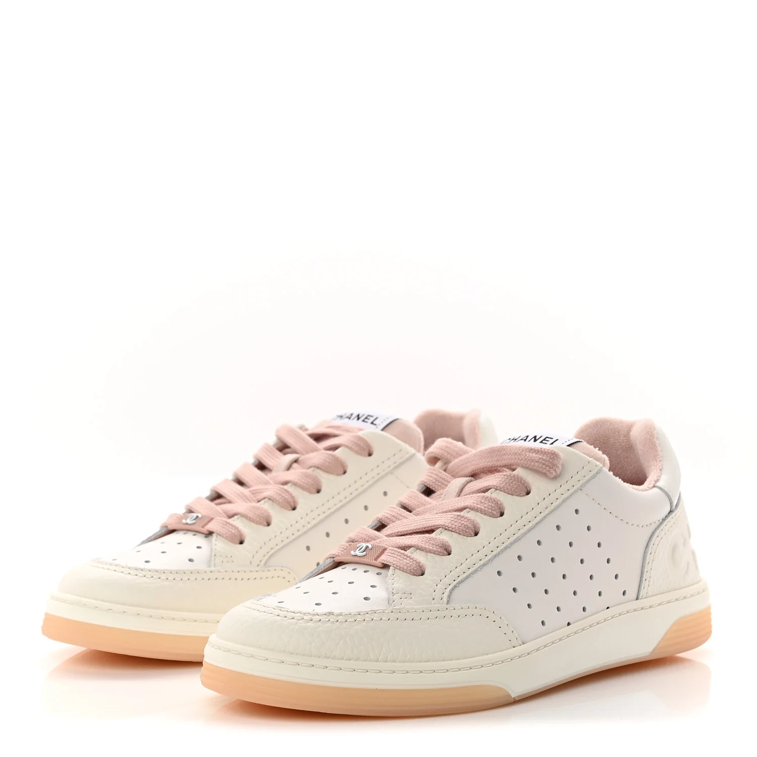 Grained Calfskin Fabric Womens Logo Sneakers 37 White Light Pink - Image 4