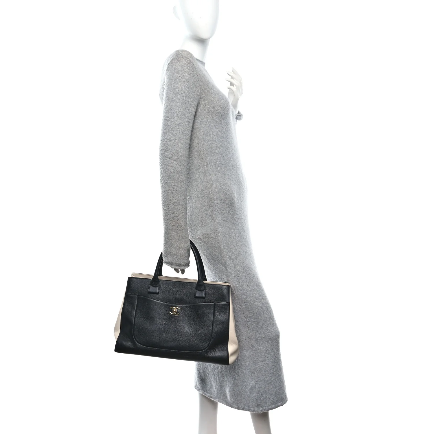 Grained Calfskin Medium Bi-Color Neo Executive Shopper Tote Black Beige - Image 3