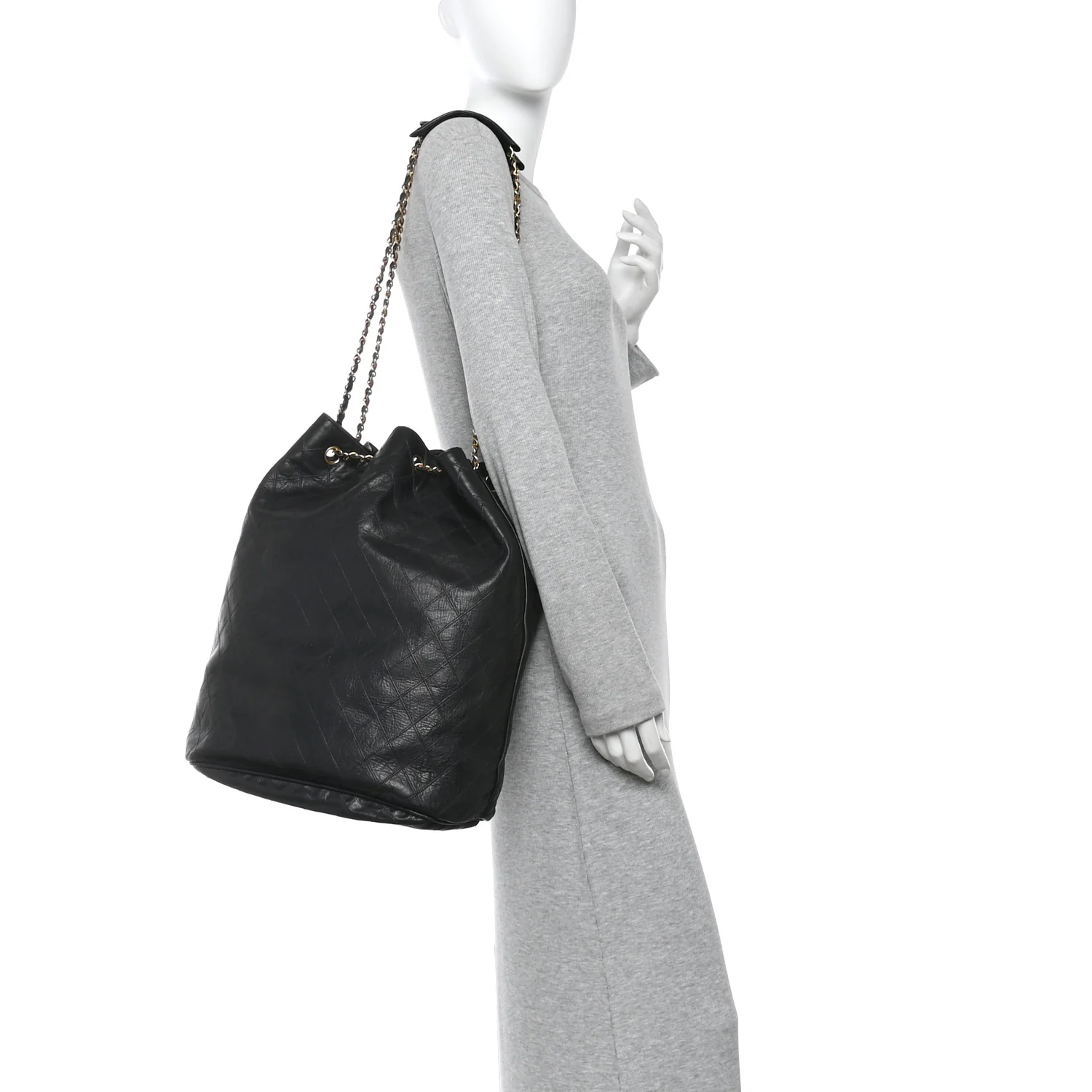 Grained Calfskin Quilted Drawstring Bucket Bag Black - Image 2