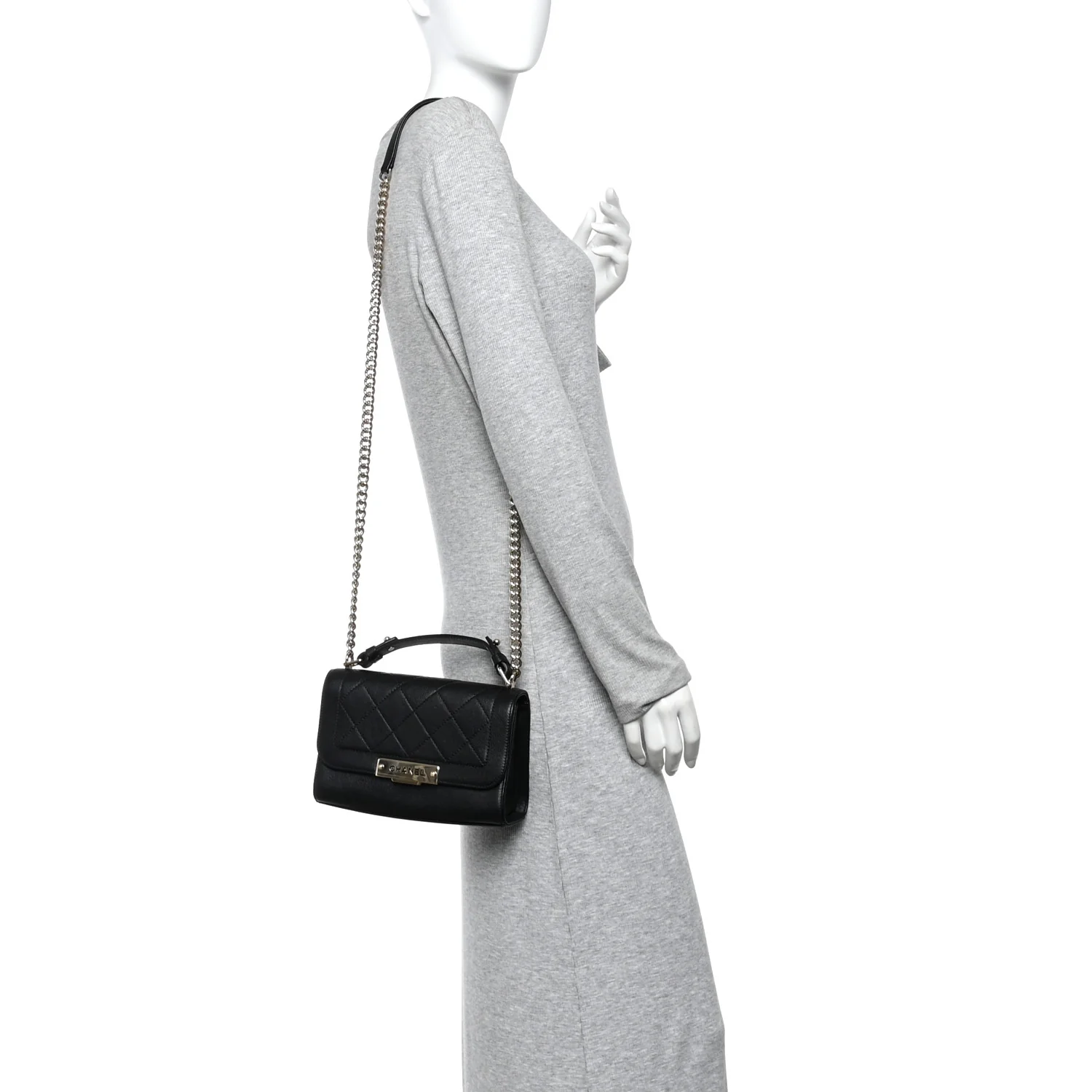 Grained Calfskin Quilted Small Label Click Flap Bag Black - Image 2