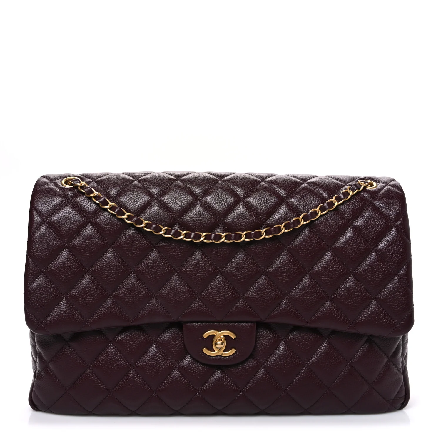 Grained Calfskin Quilted XXL Travel Flap Bag Burgundy