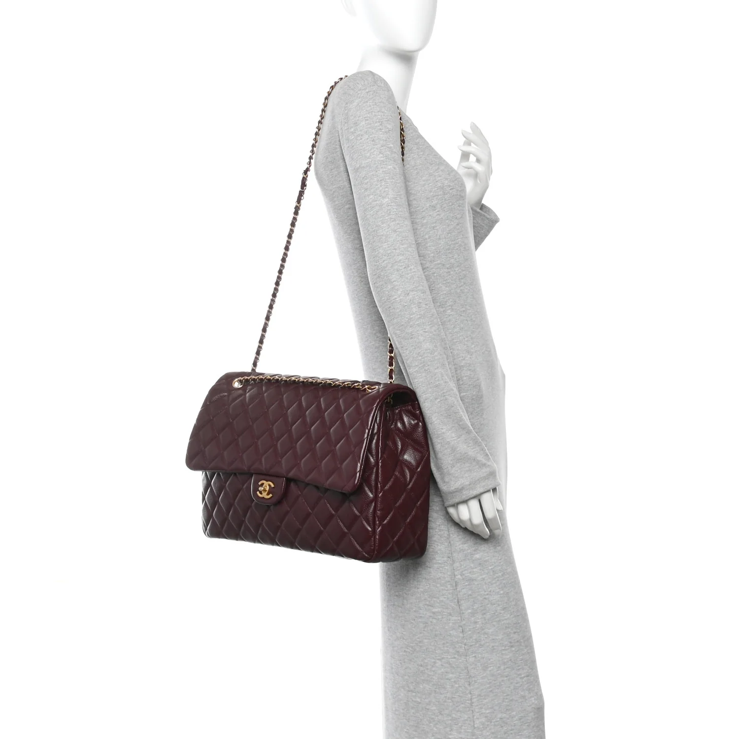 Grained Calfskin Quilted XXL Travel Flap Bag Burgundy - Image 2