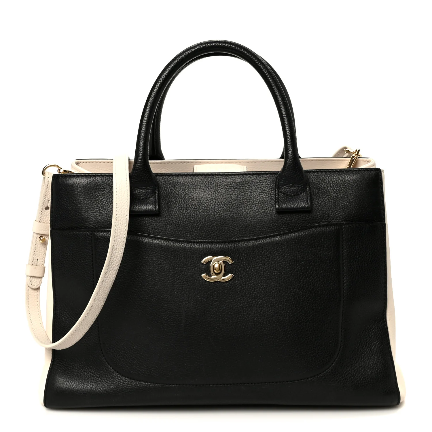 Grained Calfskin Small Bi-Color Neo Executive Shopper Tote Black Beige