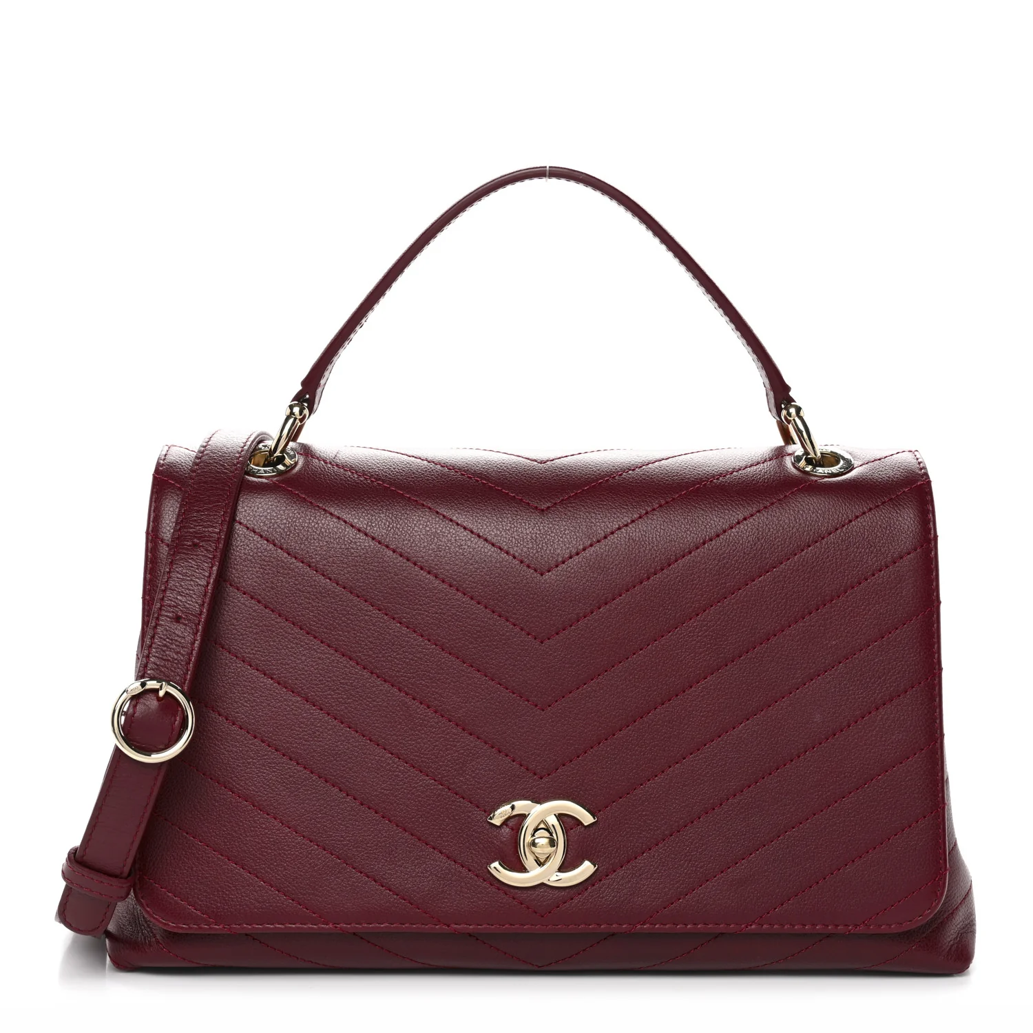 Grained Calfskin Stitched Chevron Medium Chic Top Handle Flap Red