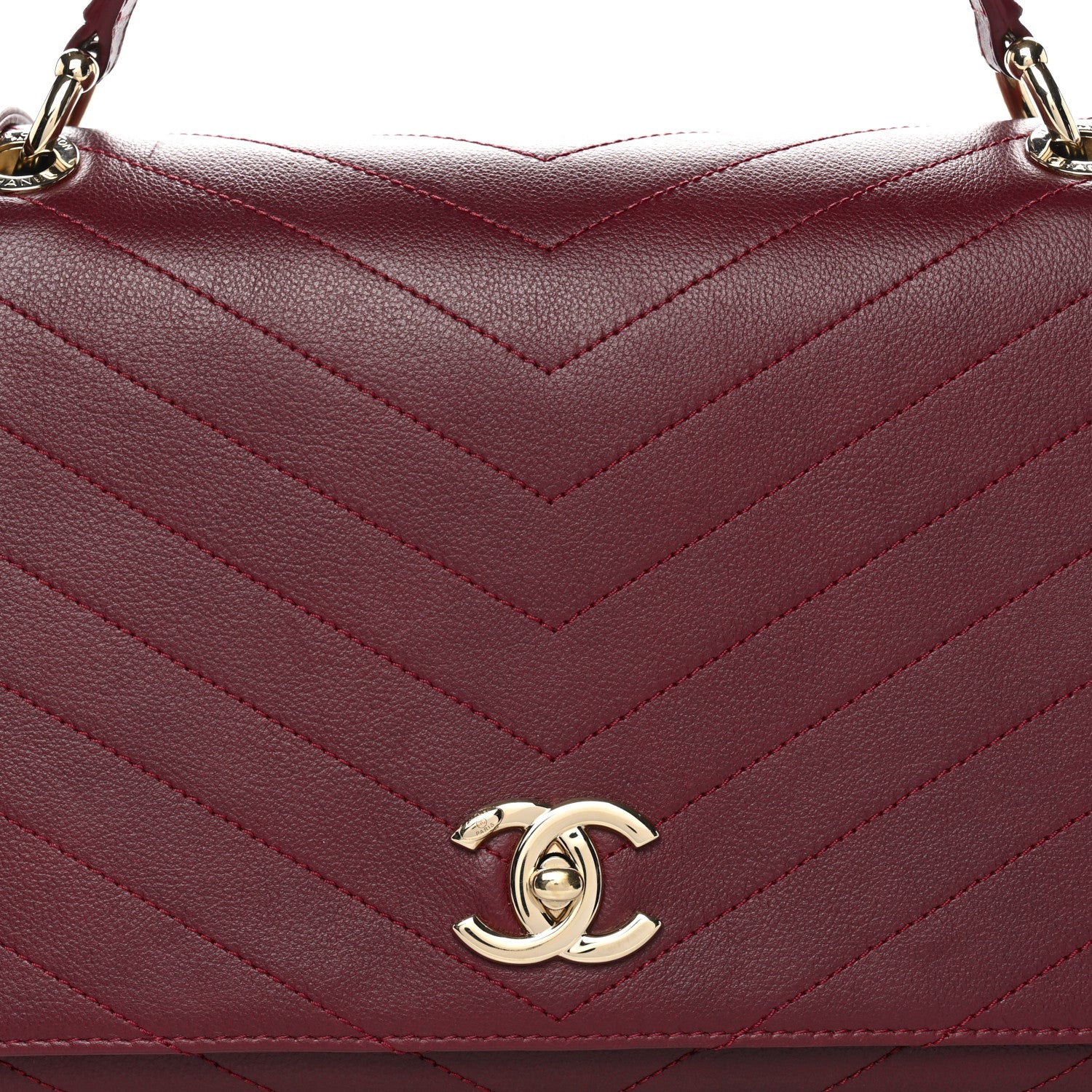 Grained Calfskin Stitched Chevron Medium Chic Top Handle Flap Red - Image 8