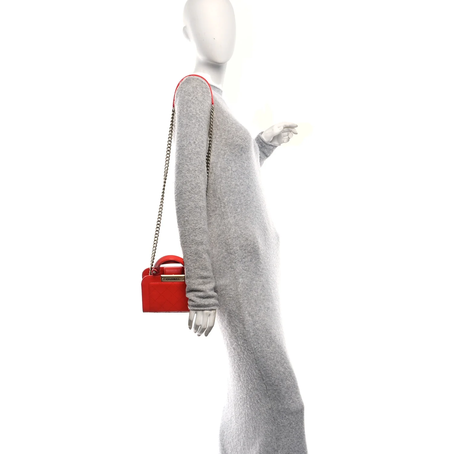 Grained Calfskin Stitched Mini Label Click Shopper Tote Red - Image 2