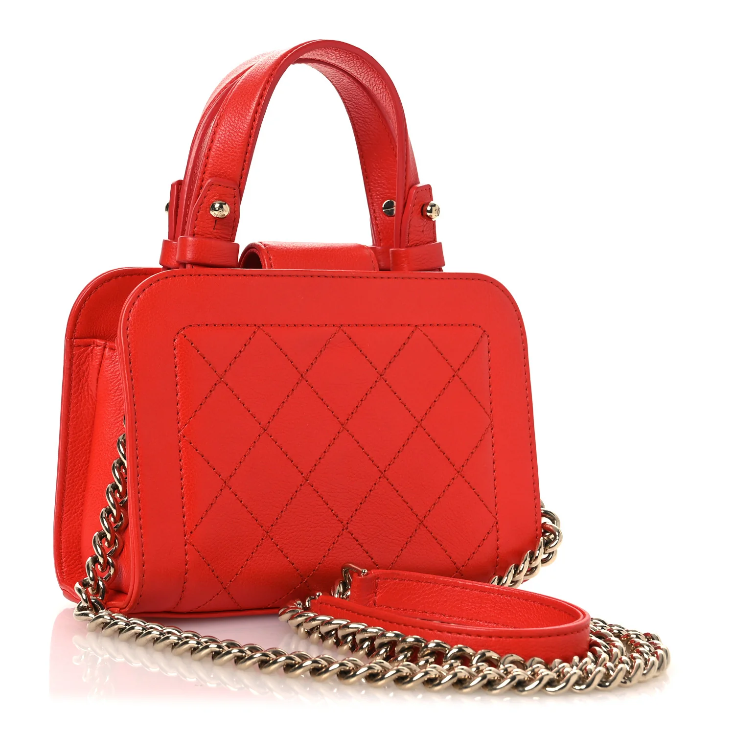 Grained Calfskin Stitched Mini Label Click Shopper Tote Red - Image 3