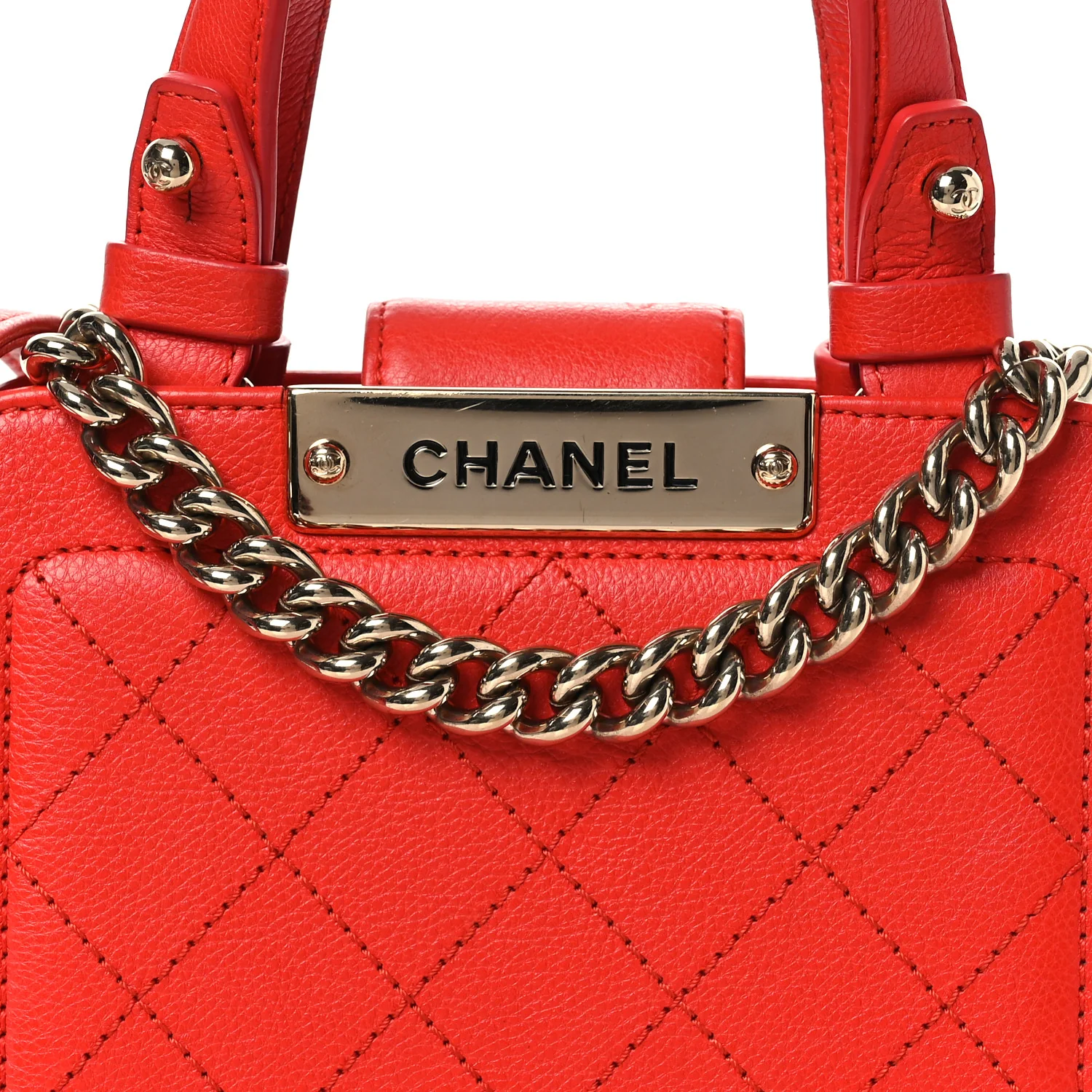 Grained Calfskin Stitched Mini Label Click Shopper Tote Red - Image 8