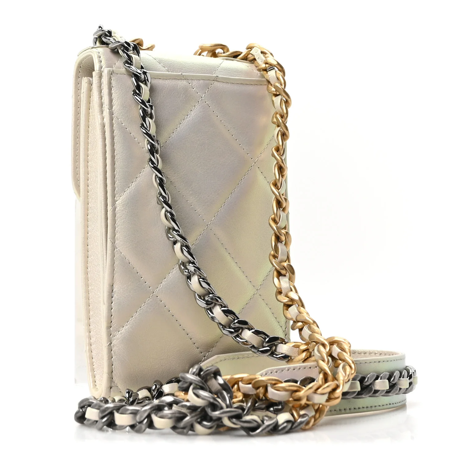 Iridescent Calfskin Quilted Chanel 19 Phone Holder With Chain White - Image 3
