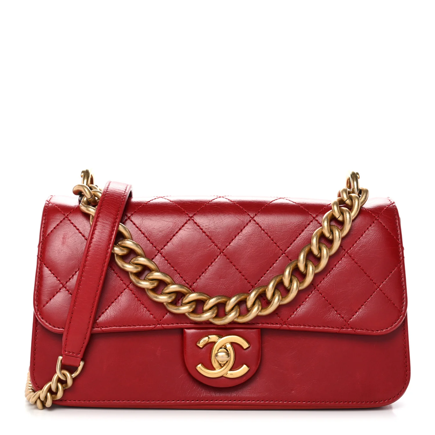 Iridescent Calfskin Quilted Small Straight Lined Flap Red