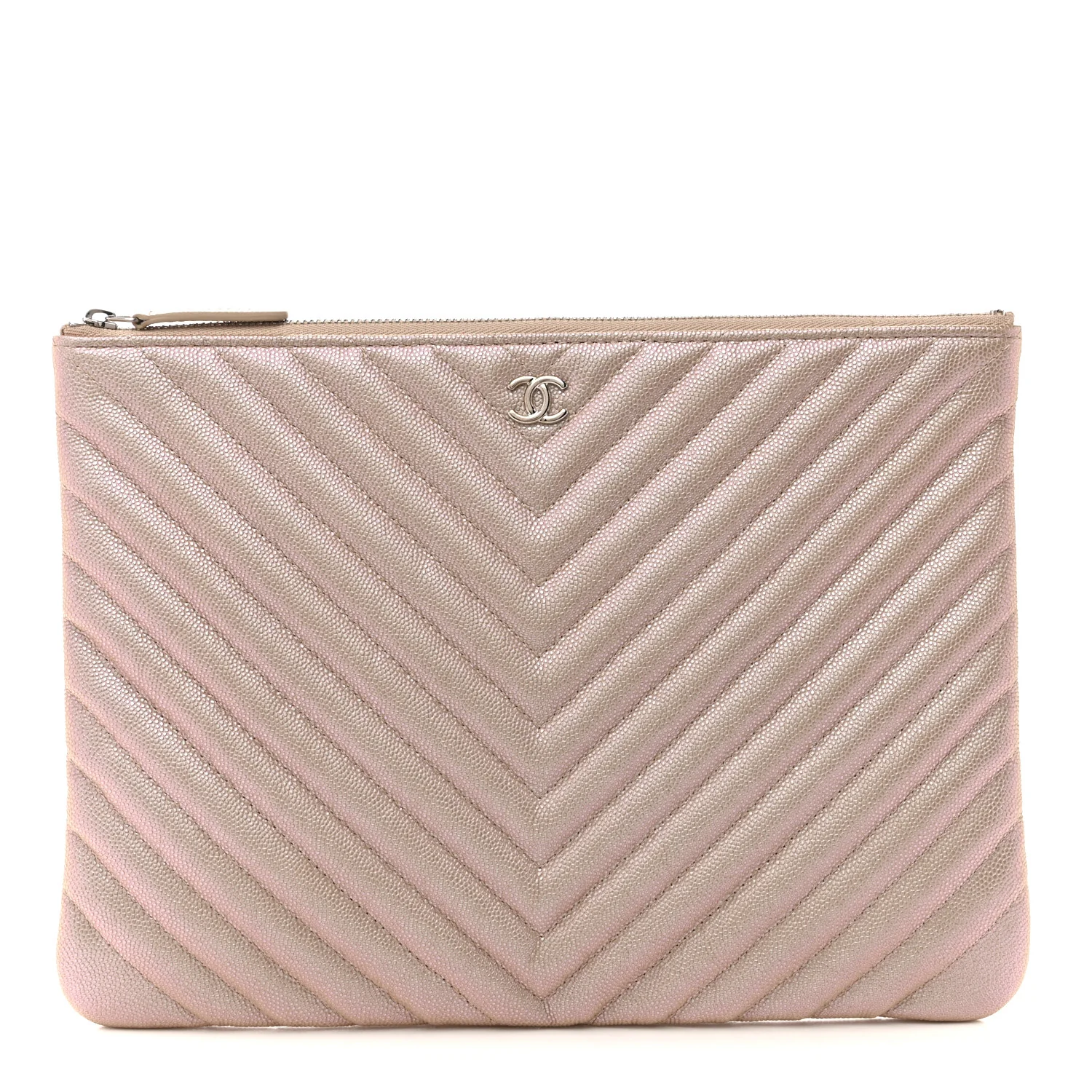 Iridescent Caviar Chevron Quilted Medium Cosmetic Case Light Gold