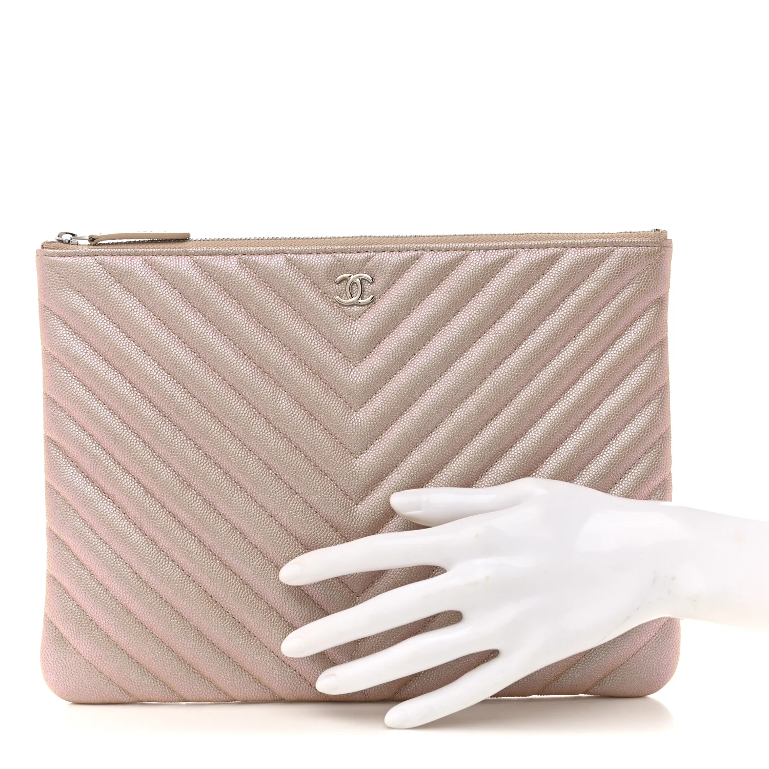 Iridescent Caviar Chevron Quilted Medium Cosmetic Case Light Gold - Image 2