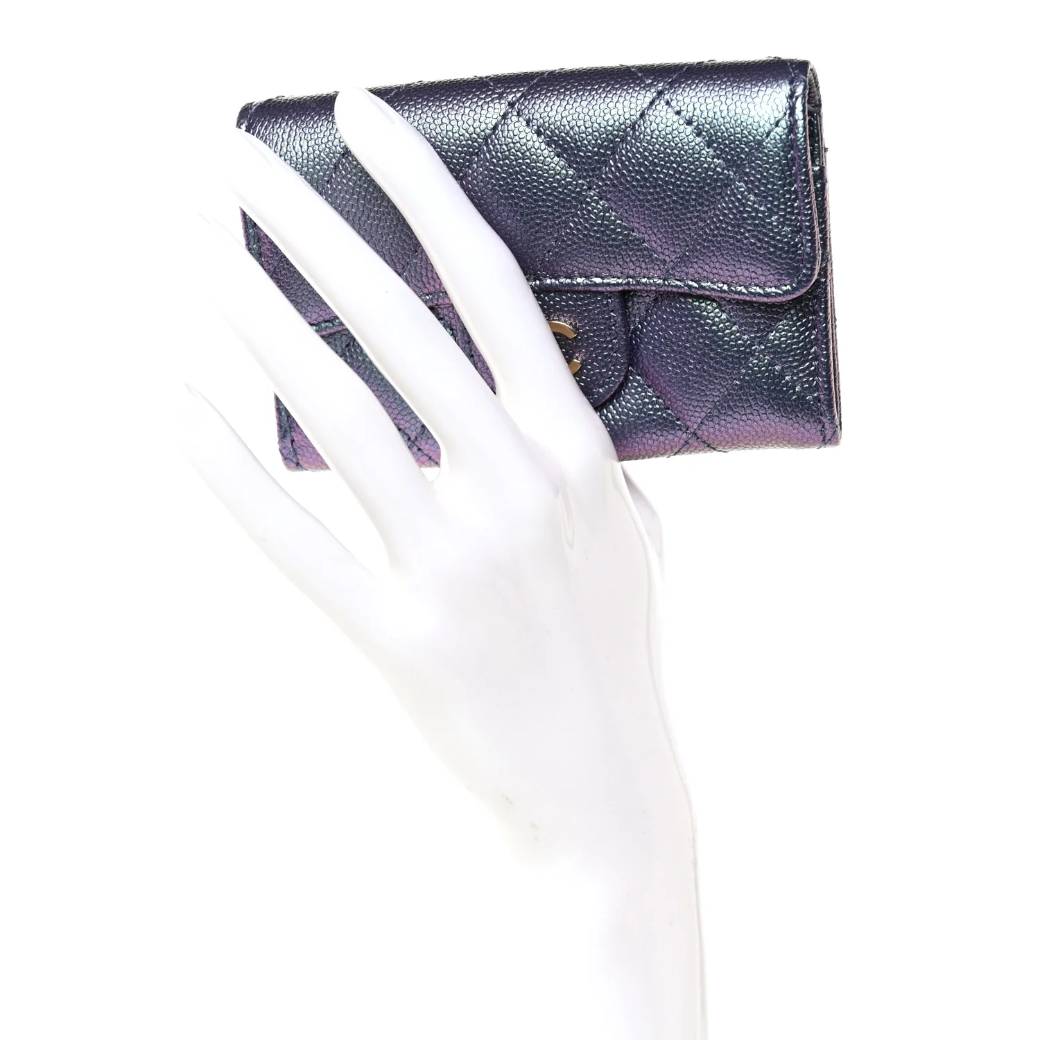 Iridescent Caviar Flap Quilted Card Holder Wallet Purple - Image 2