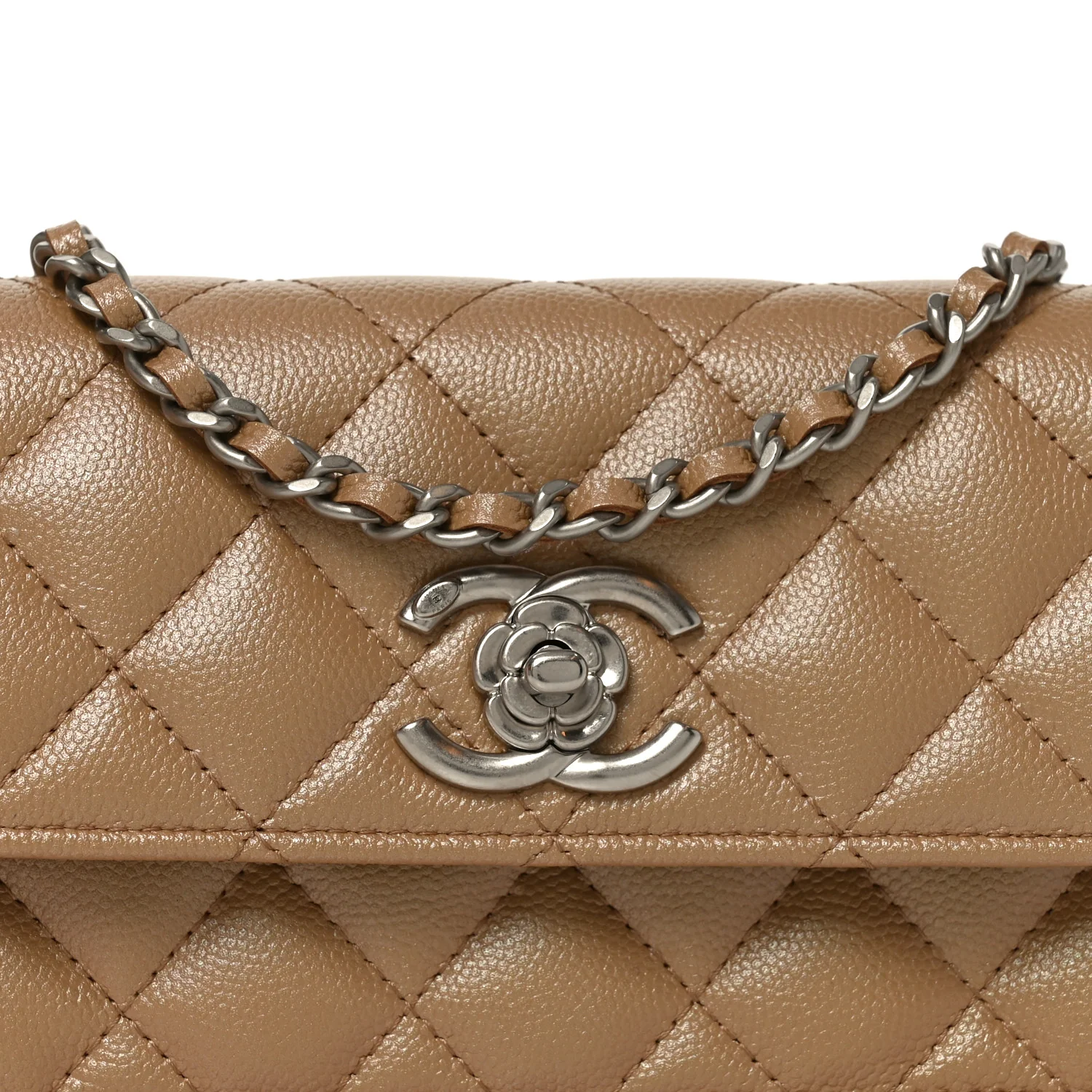 Iridescent Caviar Quilted Camellia Phone Holder With Chain Beige - Image 9