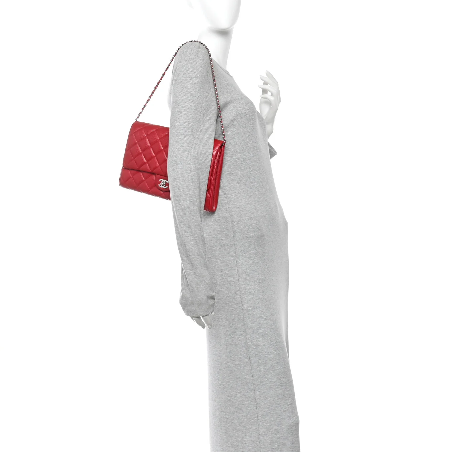 Iridescent Caviar Quilted Clutch With Chain Flap Red - Image 2