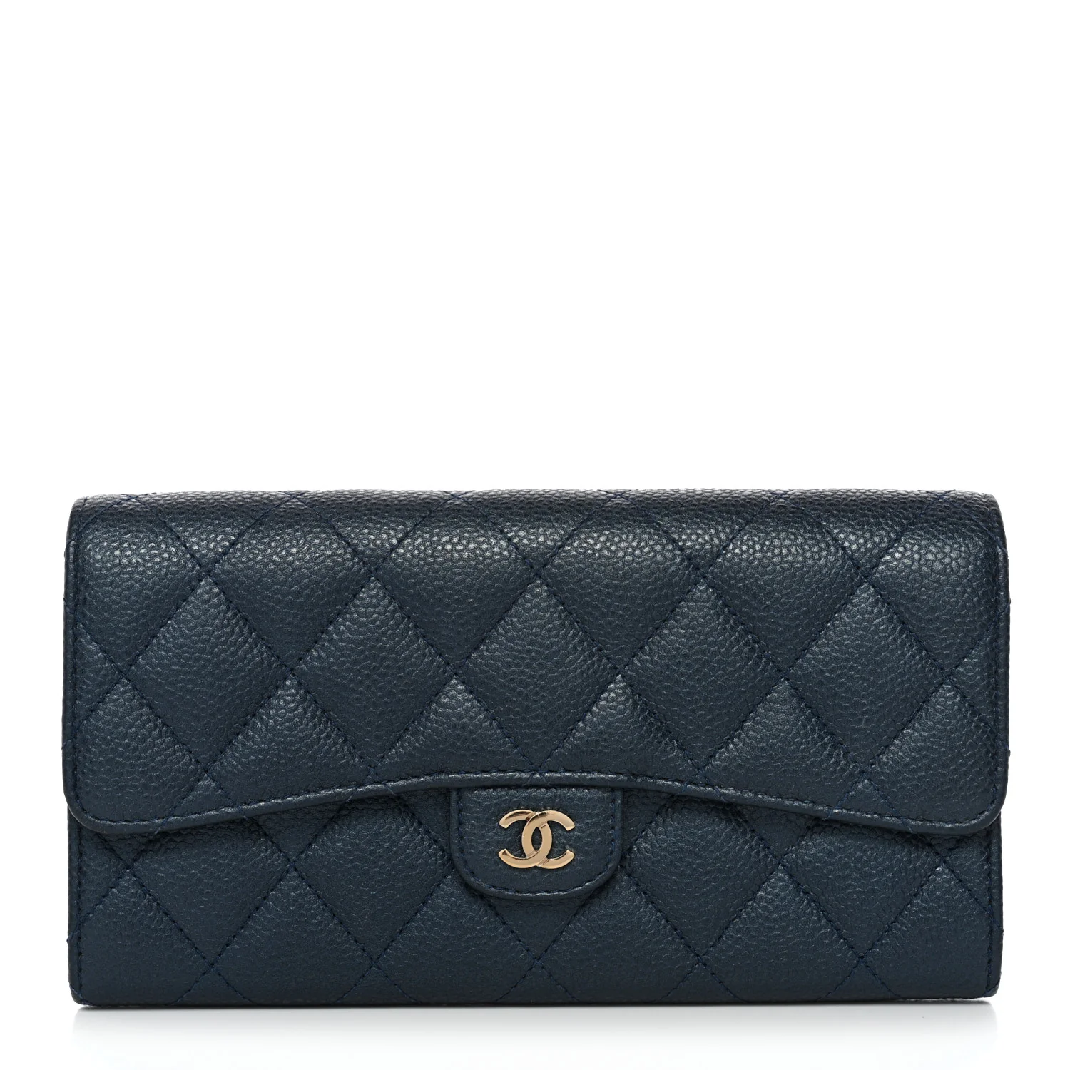 Iridescent Caviar Quilted Large Gusset Flap Wallet Dark Blue