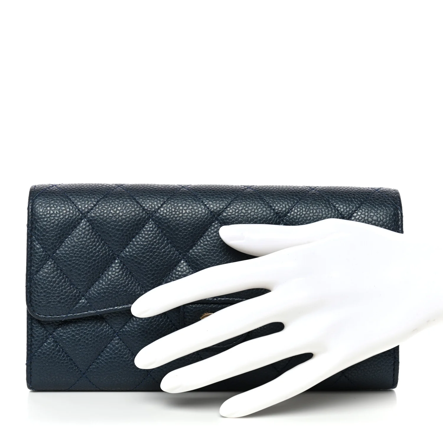 Iridescent Caviar Quilted Large Gusset Flap Wallet Dark Blue - Image 2