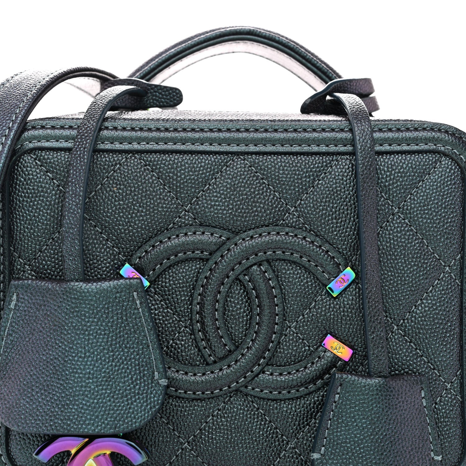 Iridescent Caviar Quilted Small CC Filigree Vanity Case Dark Turquoise - Image 8
