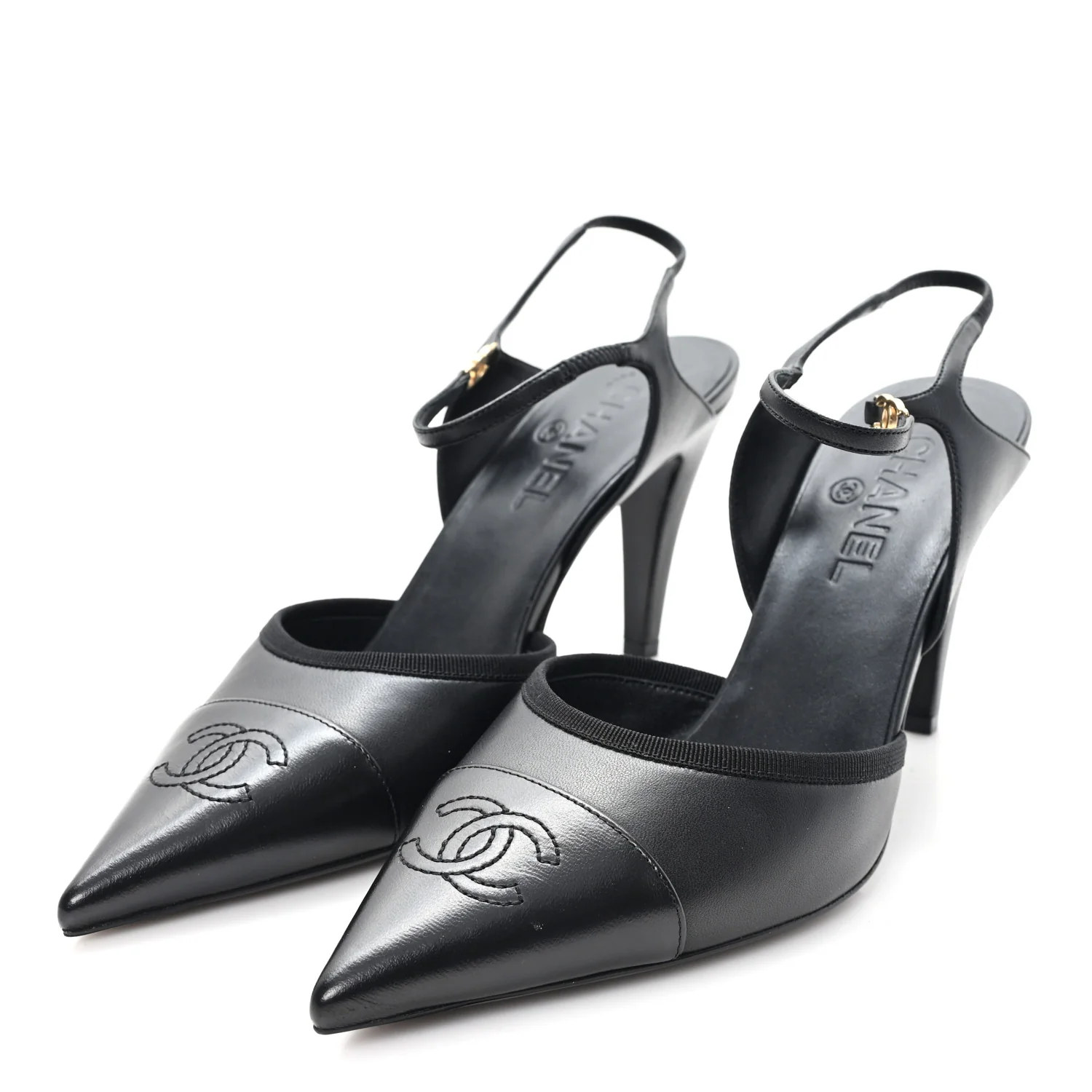 Iridescent Lambskin Pointed Cap Toe CC Slingback Pumps 41 Black - Image 4