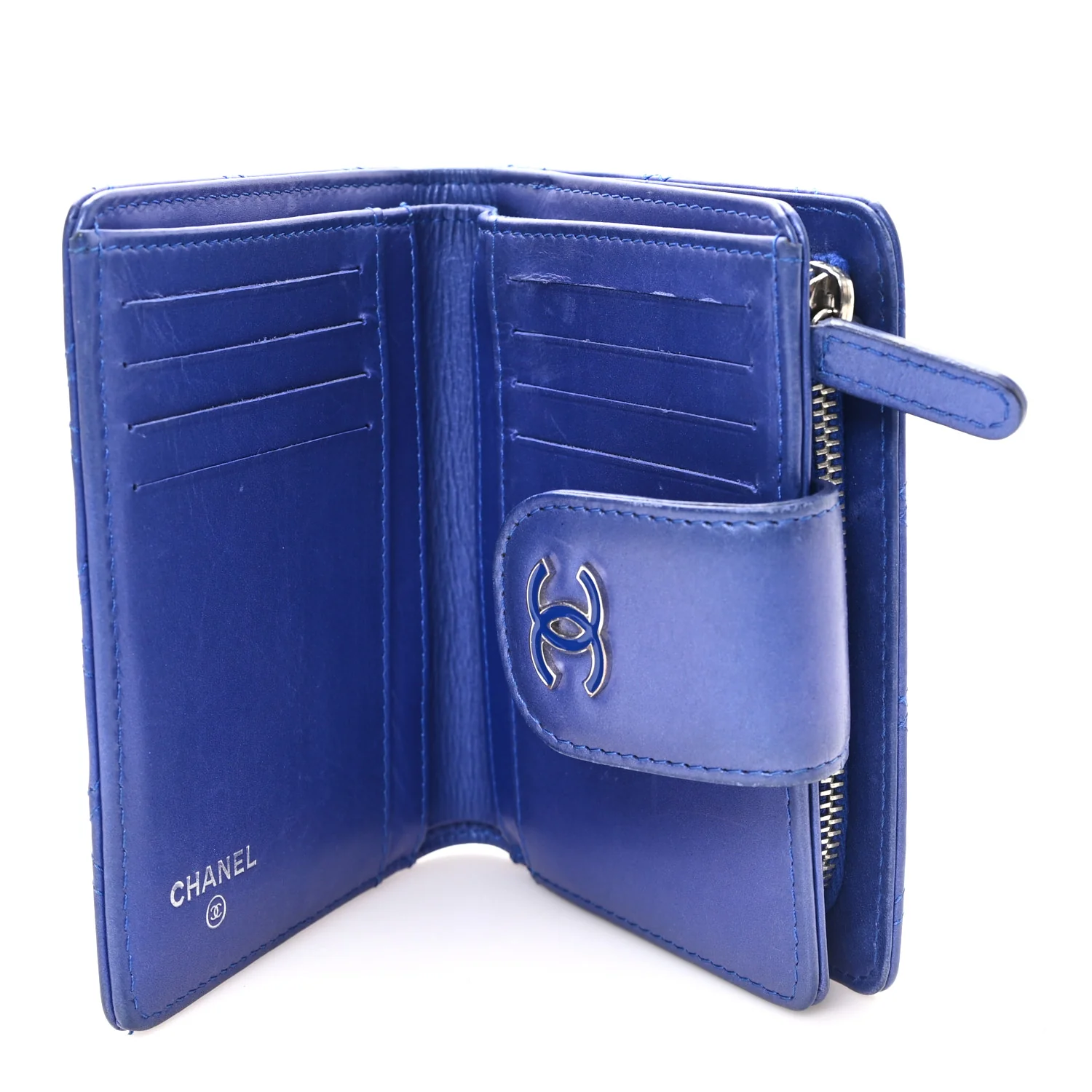 Iridescent Lambskin Quilted Double Stitch Compact Zipped Pocket Wallet Purple - Image 5