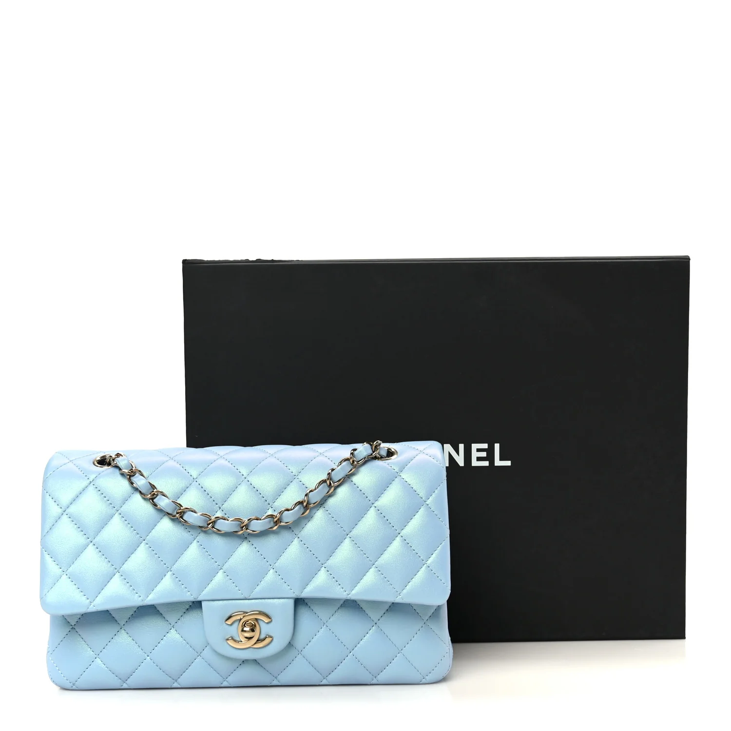 Iridescent Lambskin Quilted Medium Double Flap Light Blue - Image 12