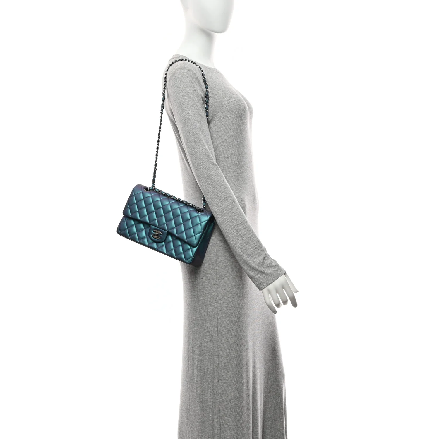 Iridescent Lambskin Quilted Medium Double Flap Turquoise - Image 2