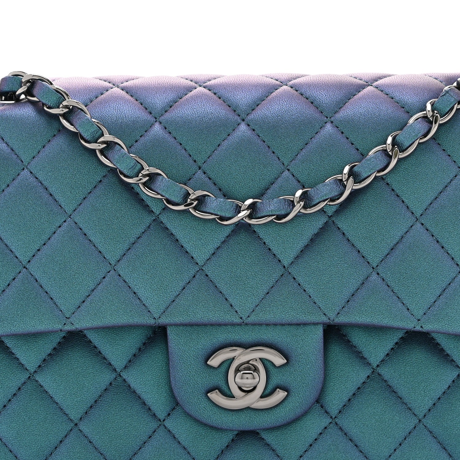 Iridescent Lambskin Quilted Medium Double Flap Turquoise - Image 8