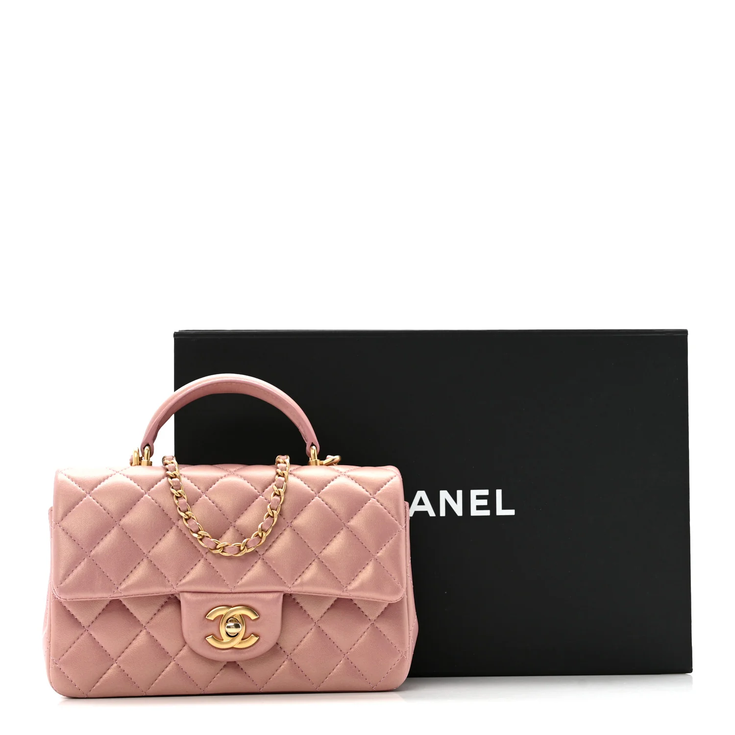 Iridescent Lambskin Quilted Mini Top Handle Rectangular Flap Pink - Image 13