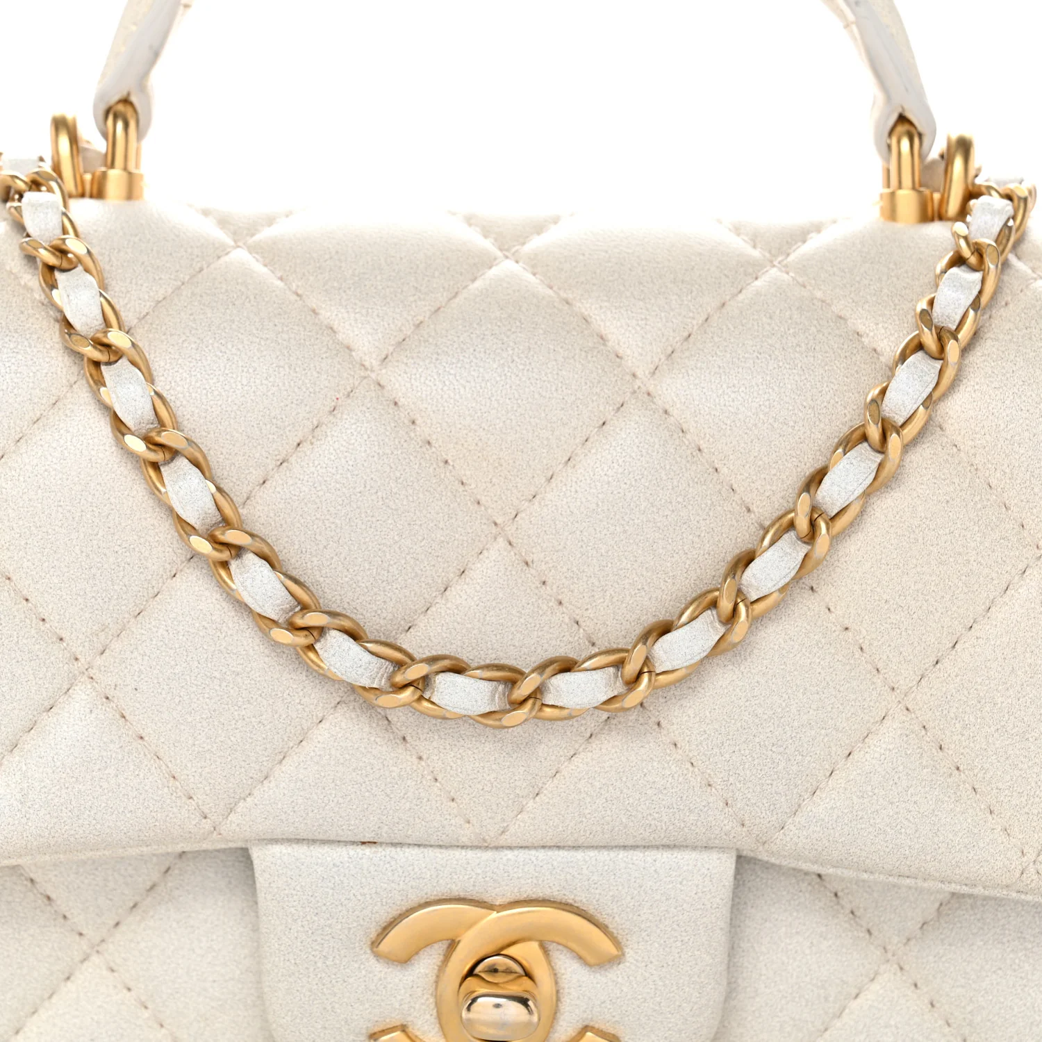 Iridescent Lambskin Quilted Mini Top Handle Rectangular Flap White - Image 8