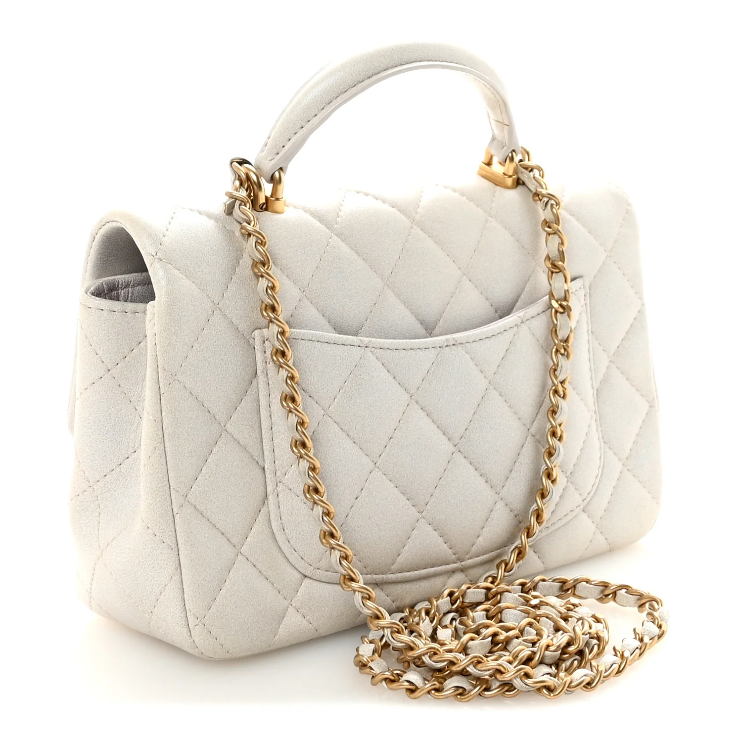 Iridescent Lambskin Quilted Mini Top Handle Rectangular Flap White - Image 3