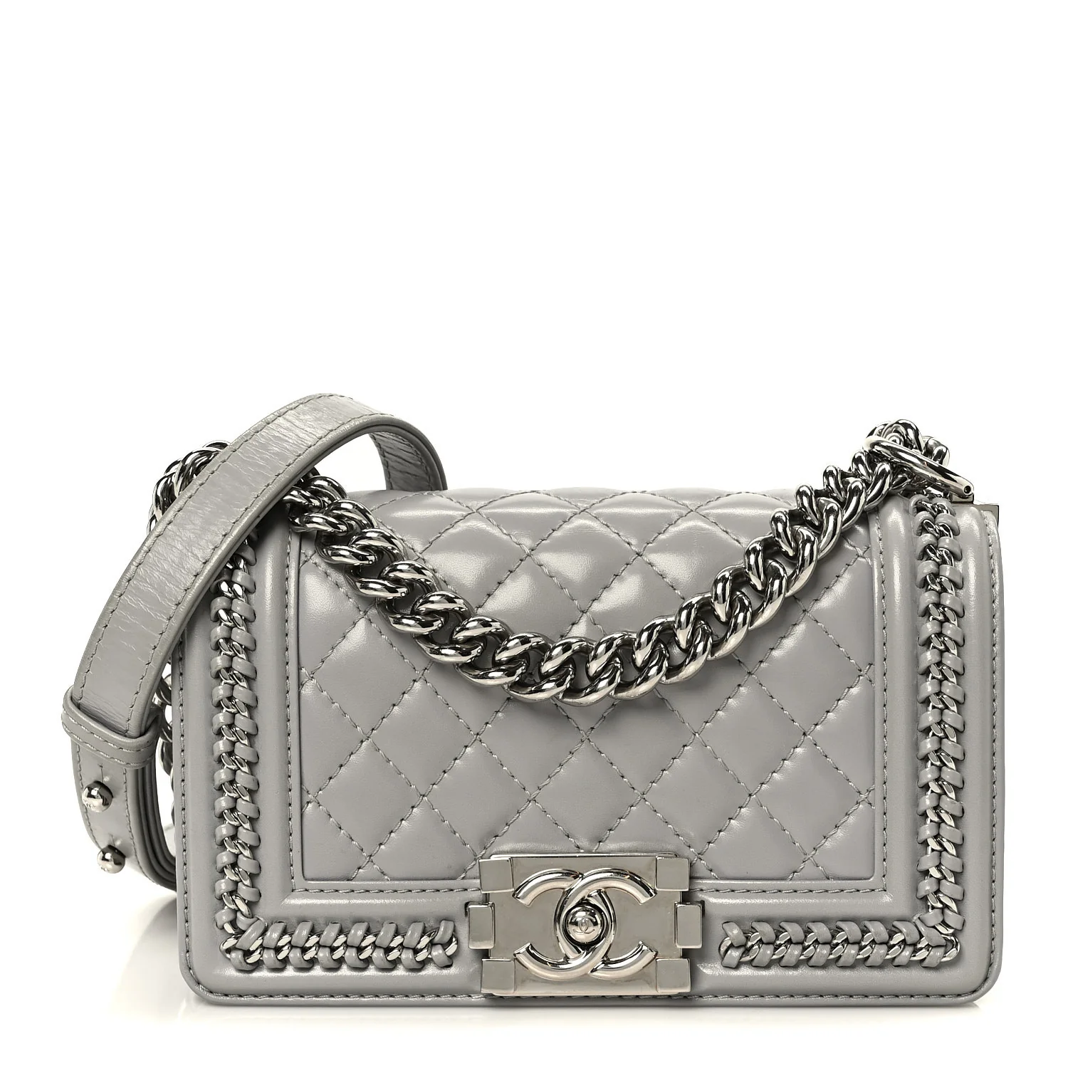 Iridescent Lambskin Quilted Small Chain Around Boy Flap Grey
