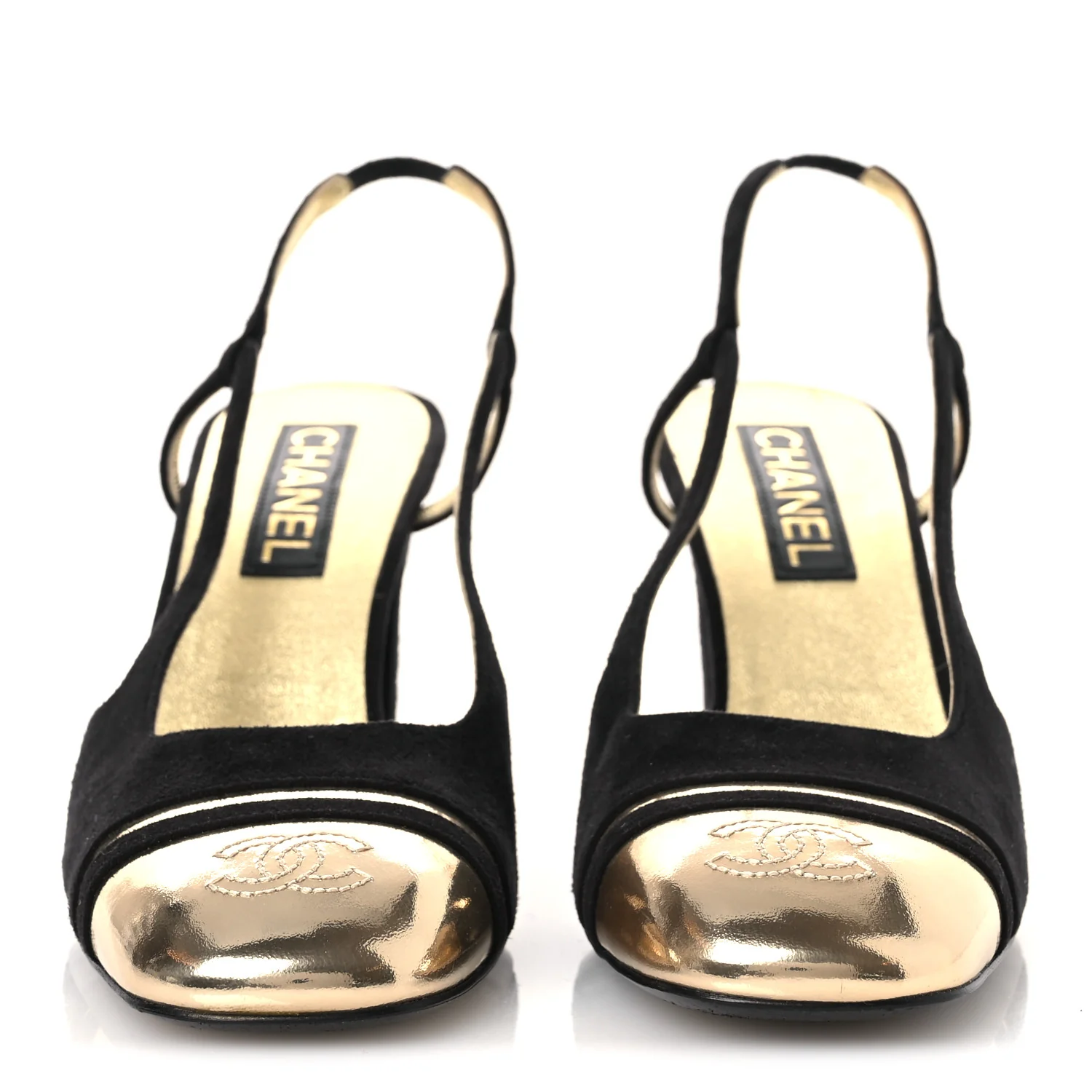 Kid Suede Metallic Lambskin Cap Toe CC Slingback Pumps 40 Black Gold - Image 3