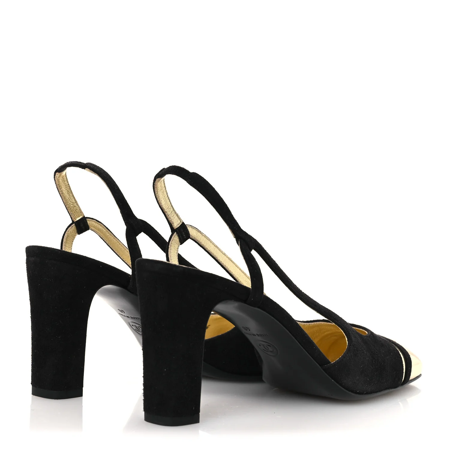 Kid Suede Metallic Lambskin Cap Toe CC Slingback Pumps 40 Black Gold - Image 5